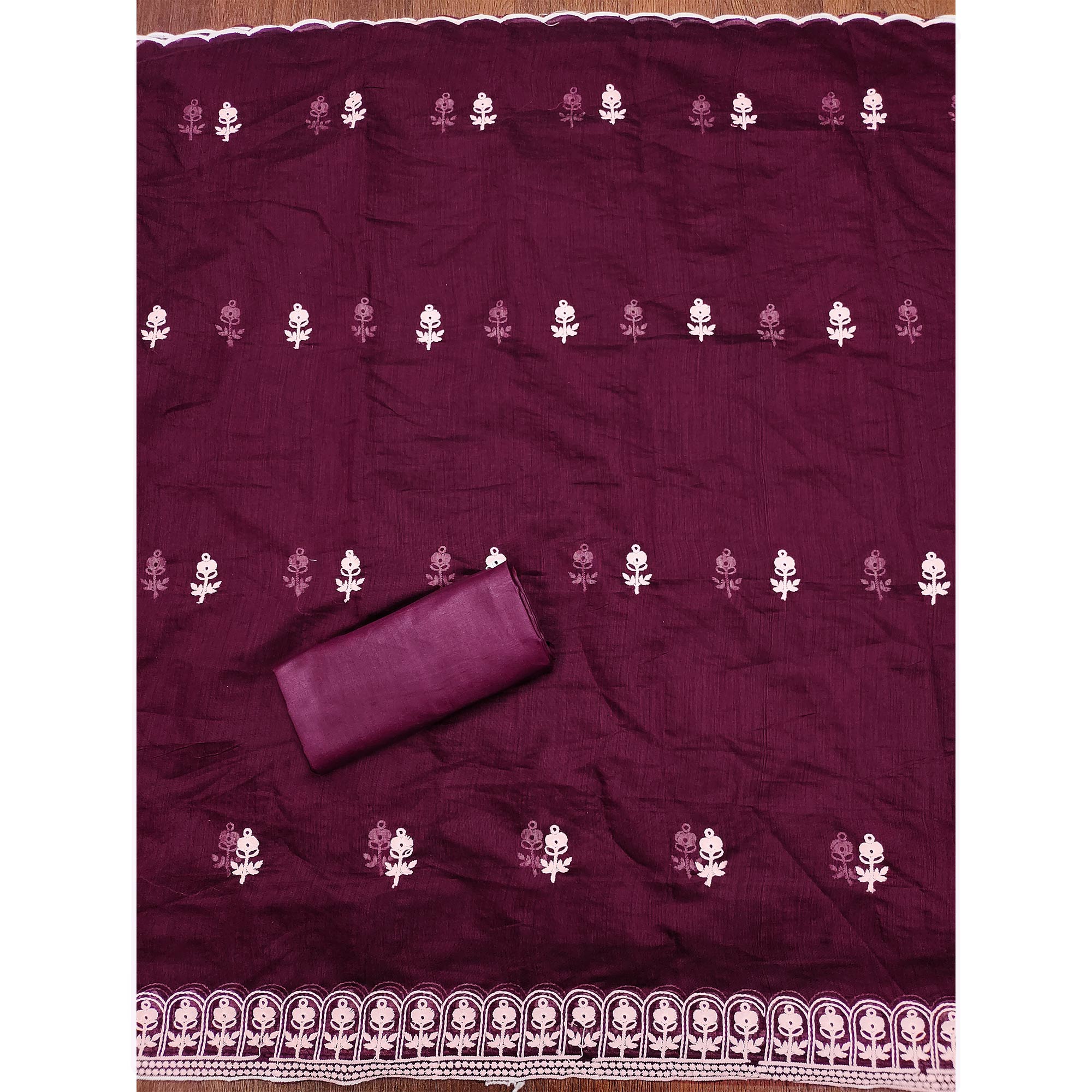 Purple Floral Embroidered Chanderi Cotton Dress Material