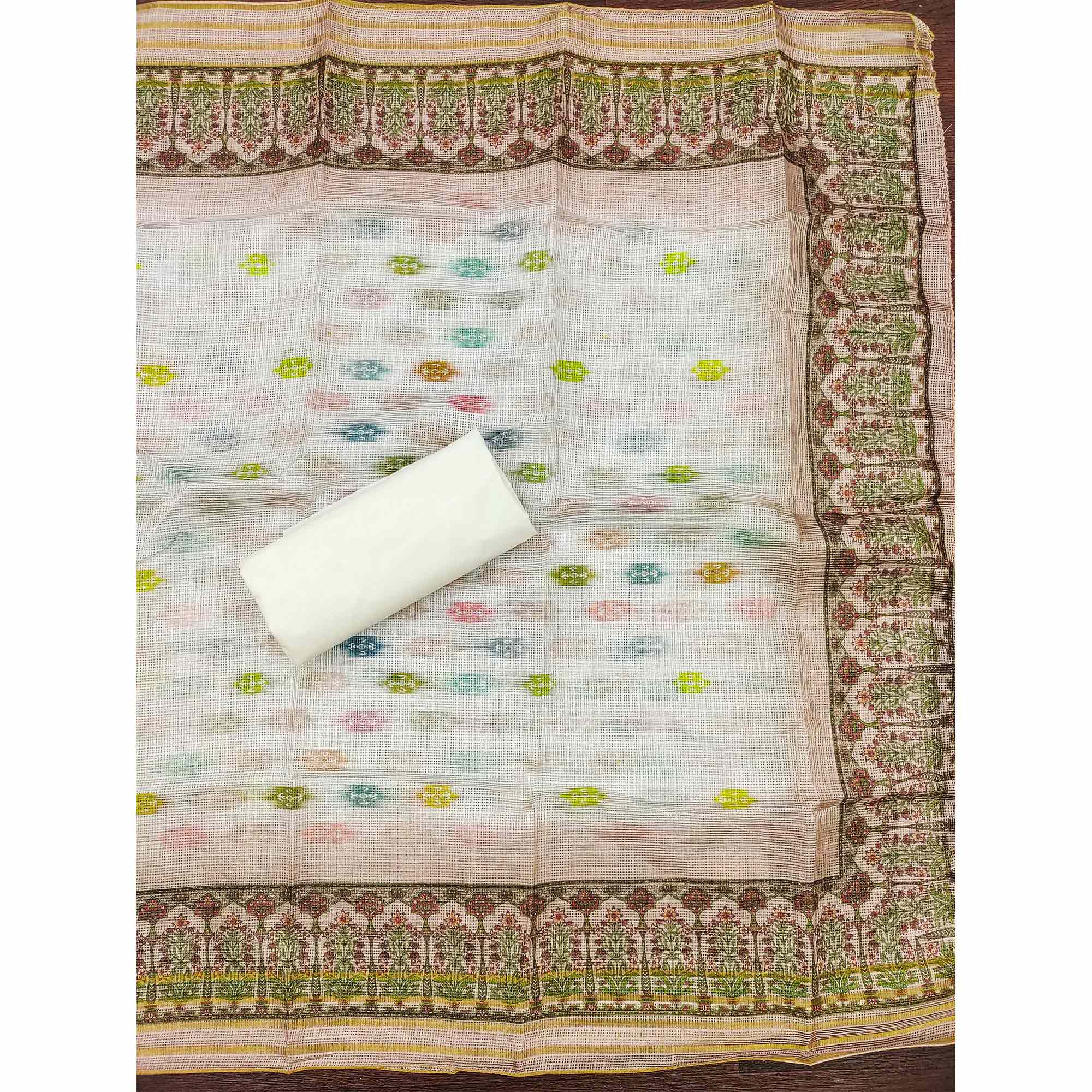 White & Beige Schiffli Embroidered Cotton Blend Dress Material With Digital Print