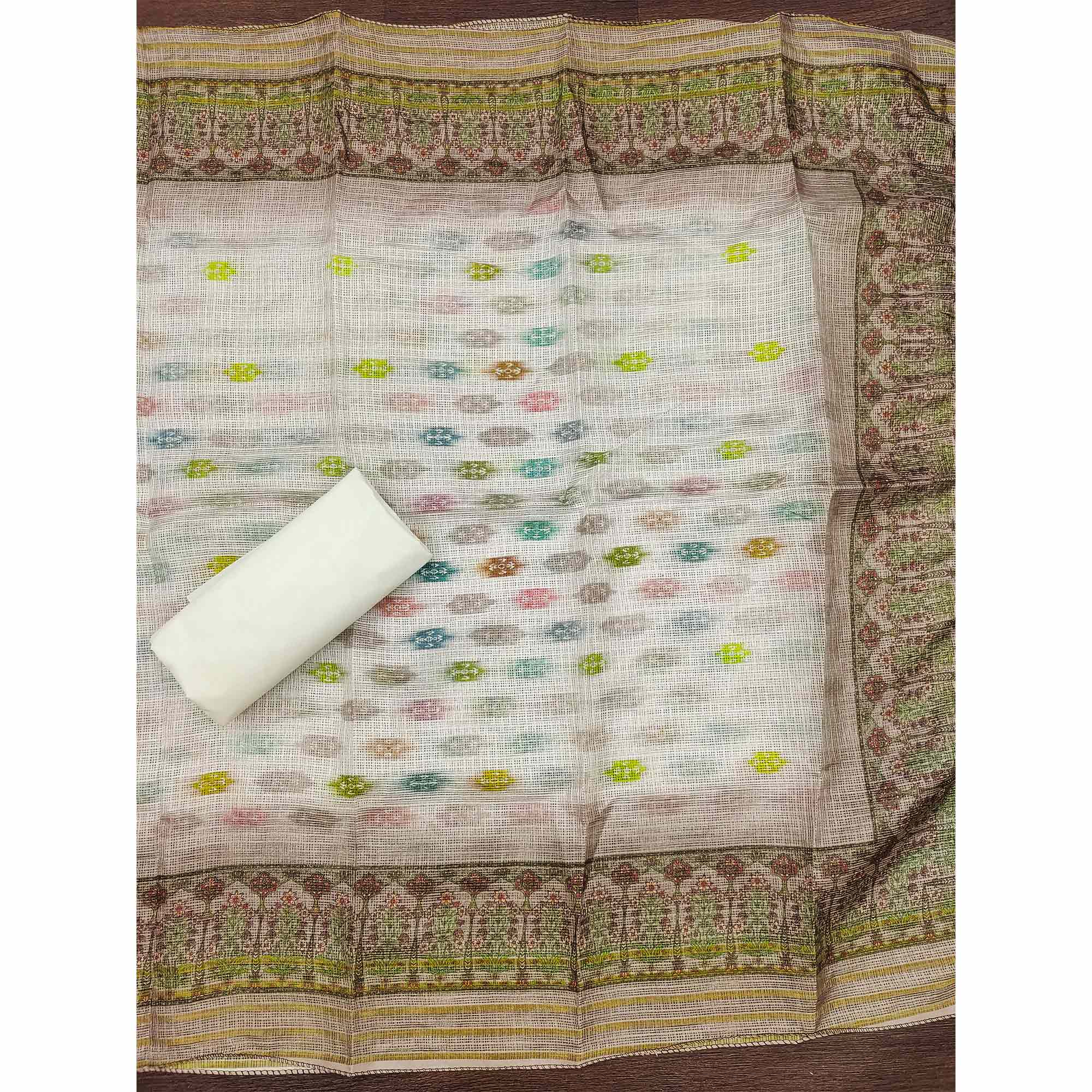 White & Taupe Schiffli Embroidered Cotton Blend Dress Material With Digital Print