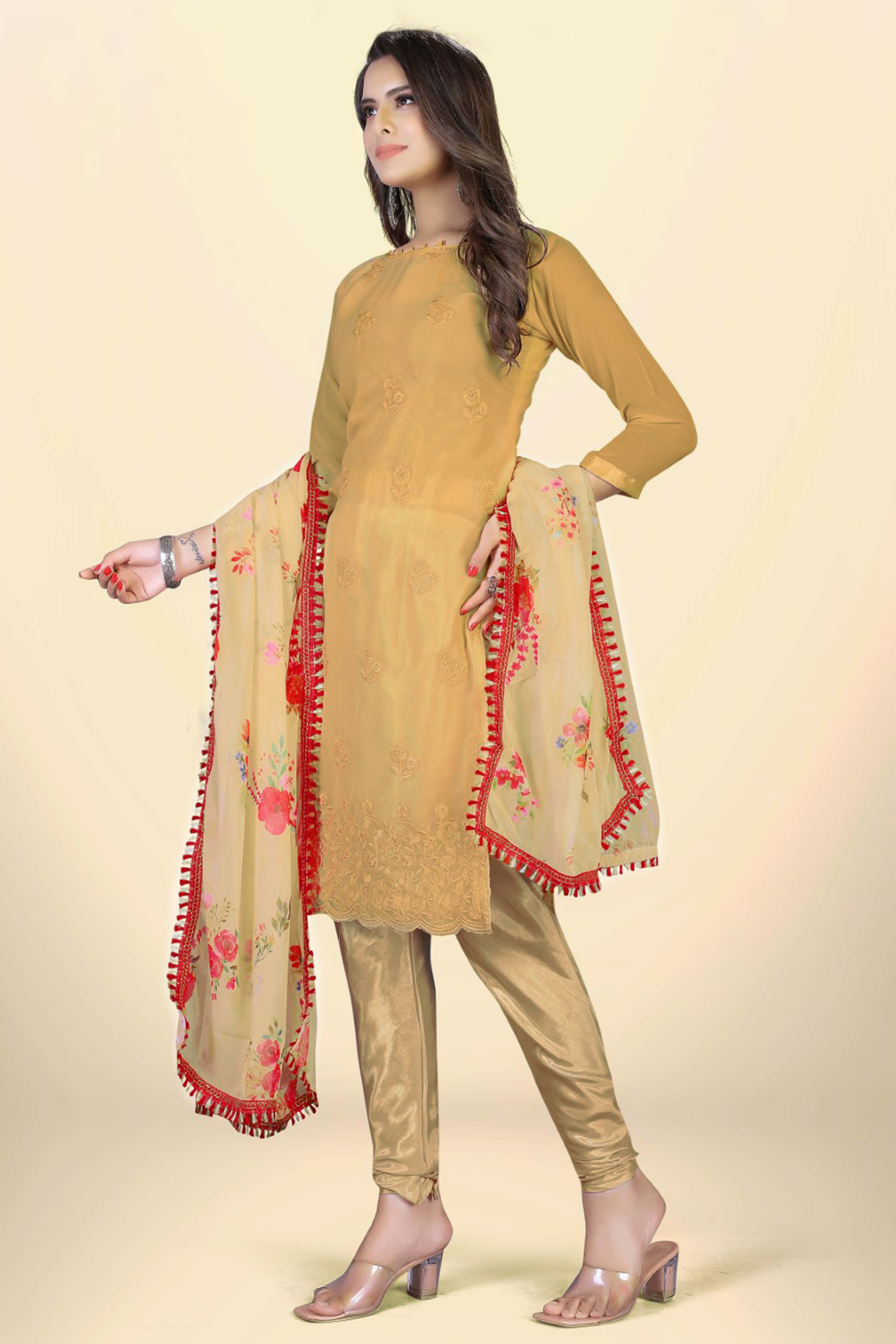 Chikoo Georgette Dress Material With Intricate Floral Thread Embroidery