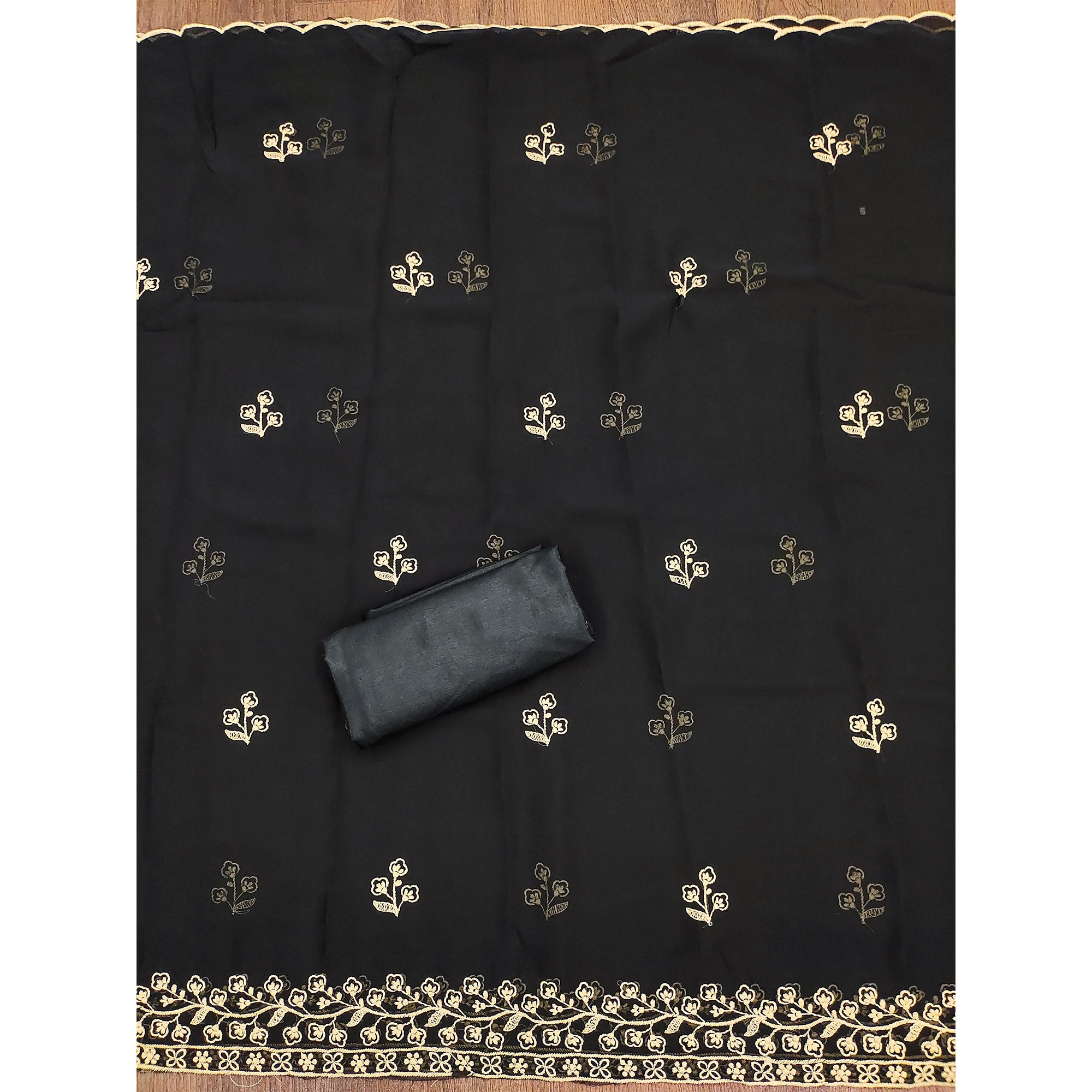 Black Floral Embroidered Georgette Dress Material