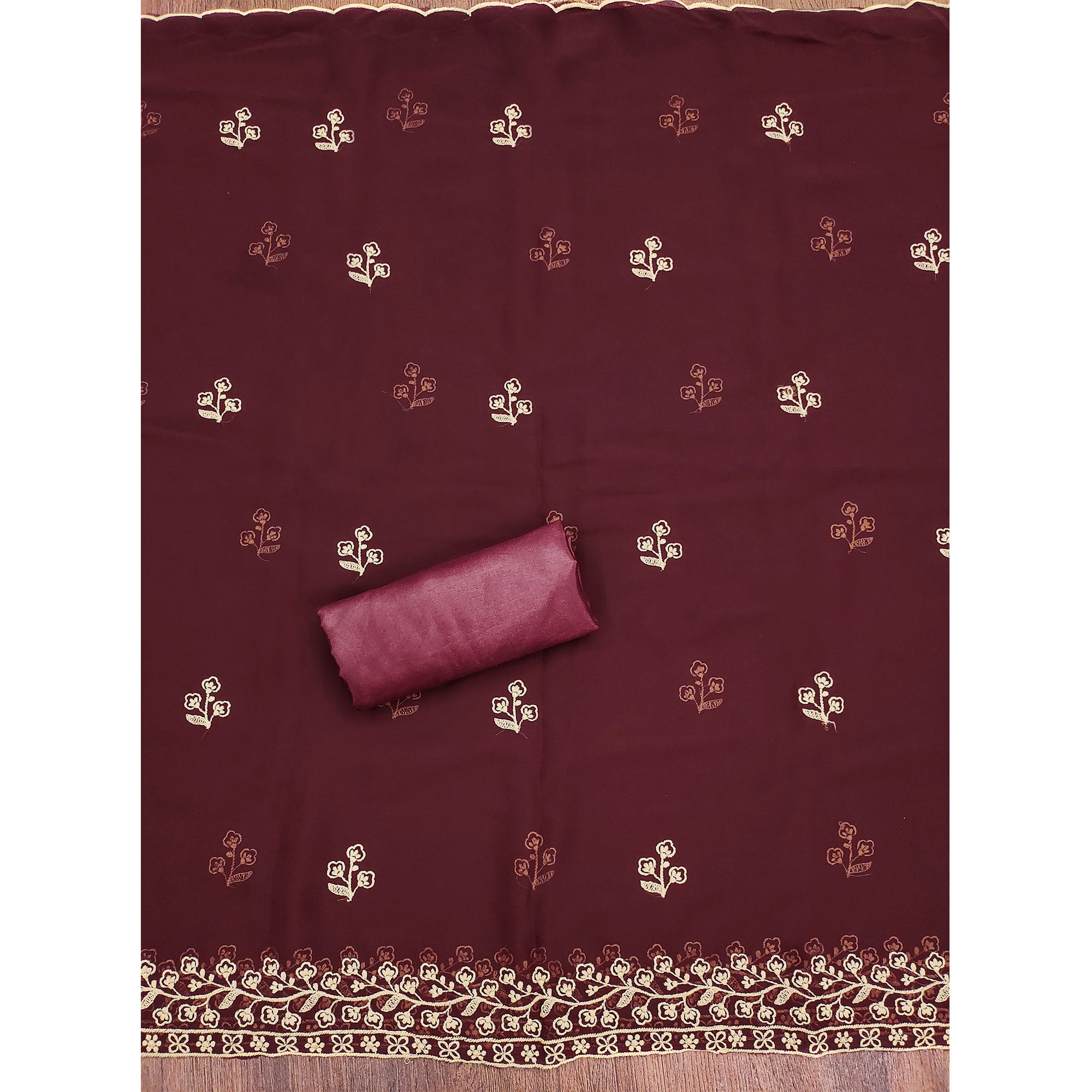 Maroon Floral Embroidered Georgette Dress Material
