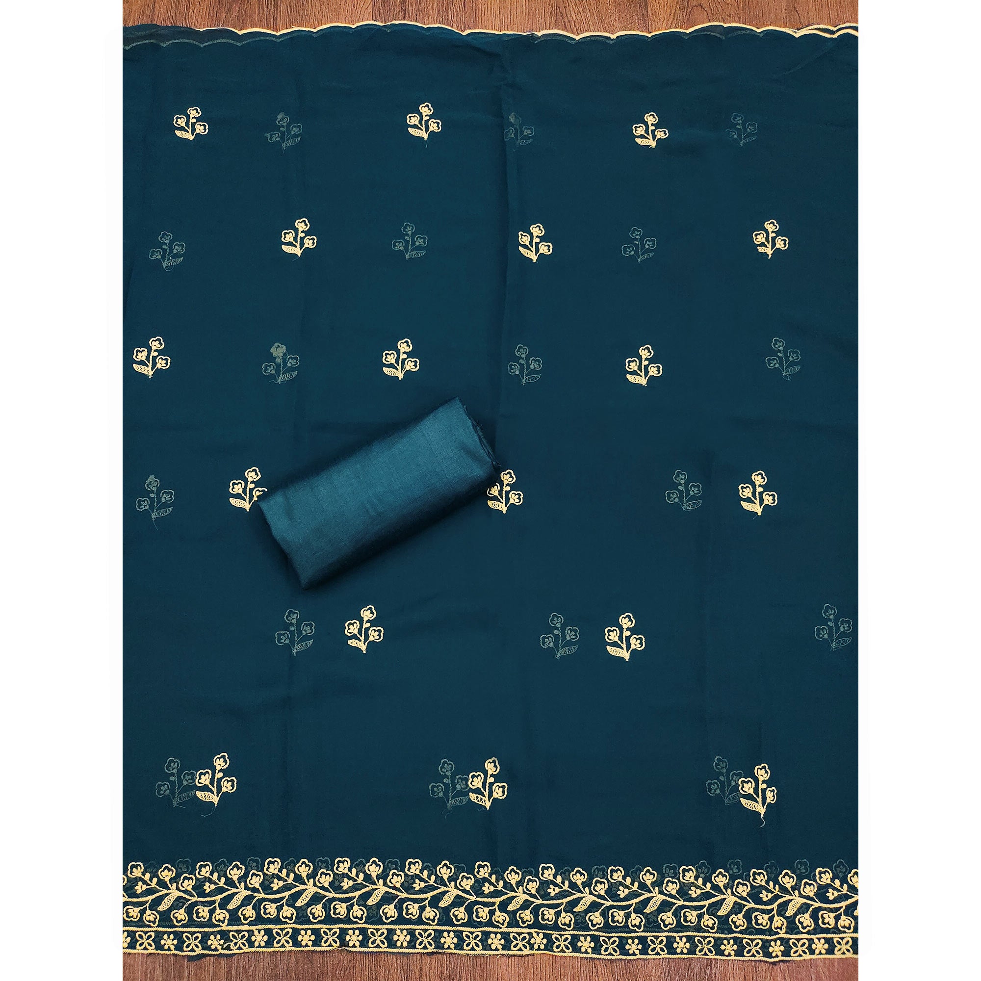 Teal Blue Floral Embroidered Georgette Dress Material
