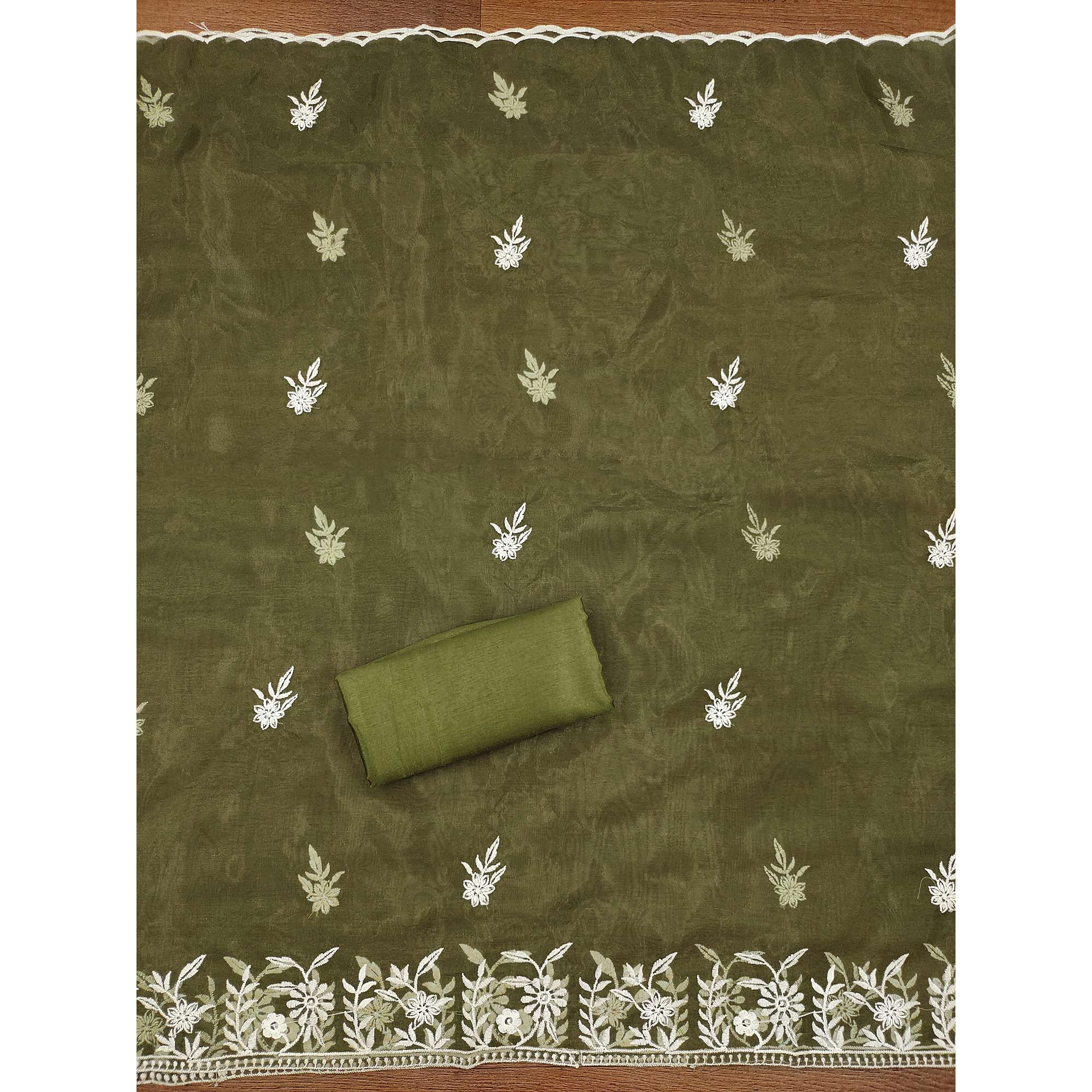 Green Floral Embroidered Organza Dress Material