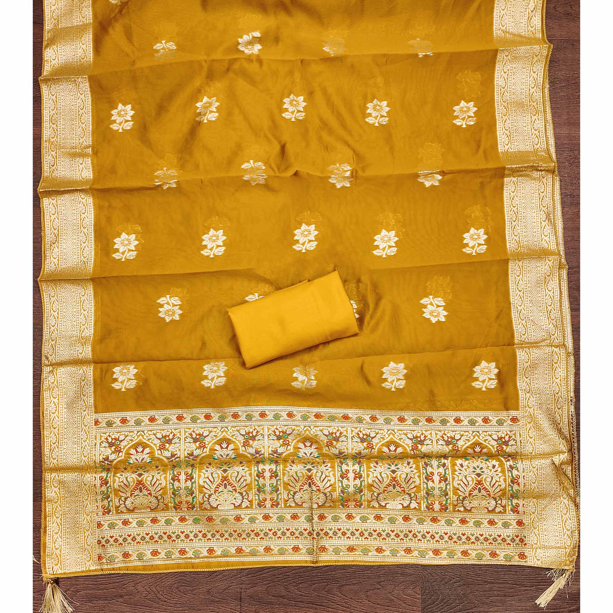 Unstitched Mustard Jacquard Dress Set with Traditional Zari Weaving