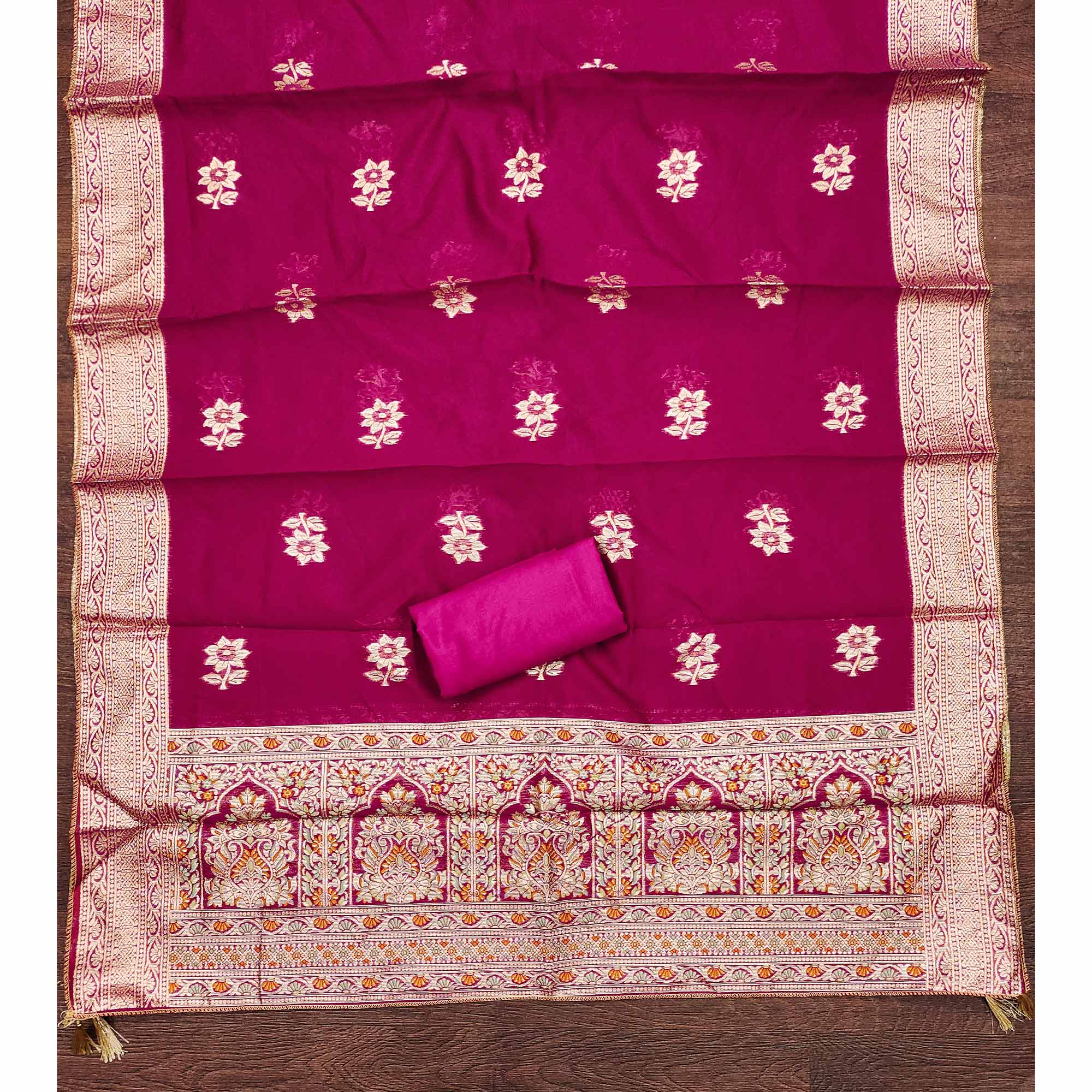 Unstitched Pink Jacquard Dress Set with Traditional Zari Weaving