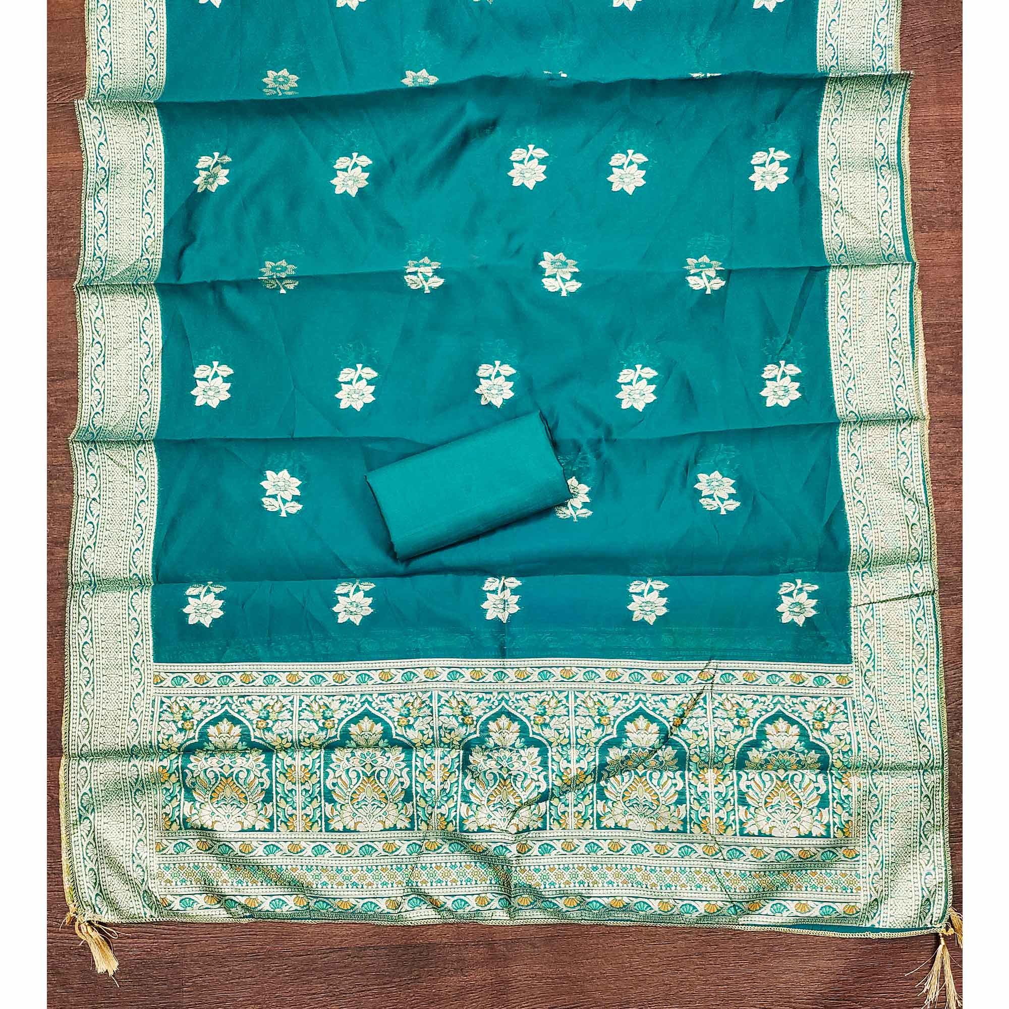 Unstitched Teal Jacquard Dress Set with Traditional Zari Weaving