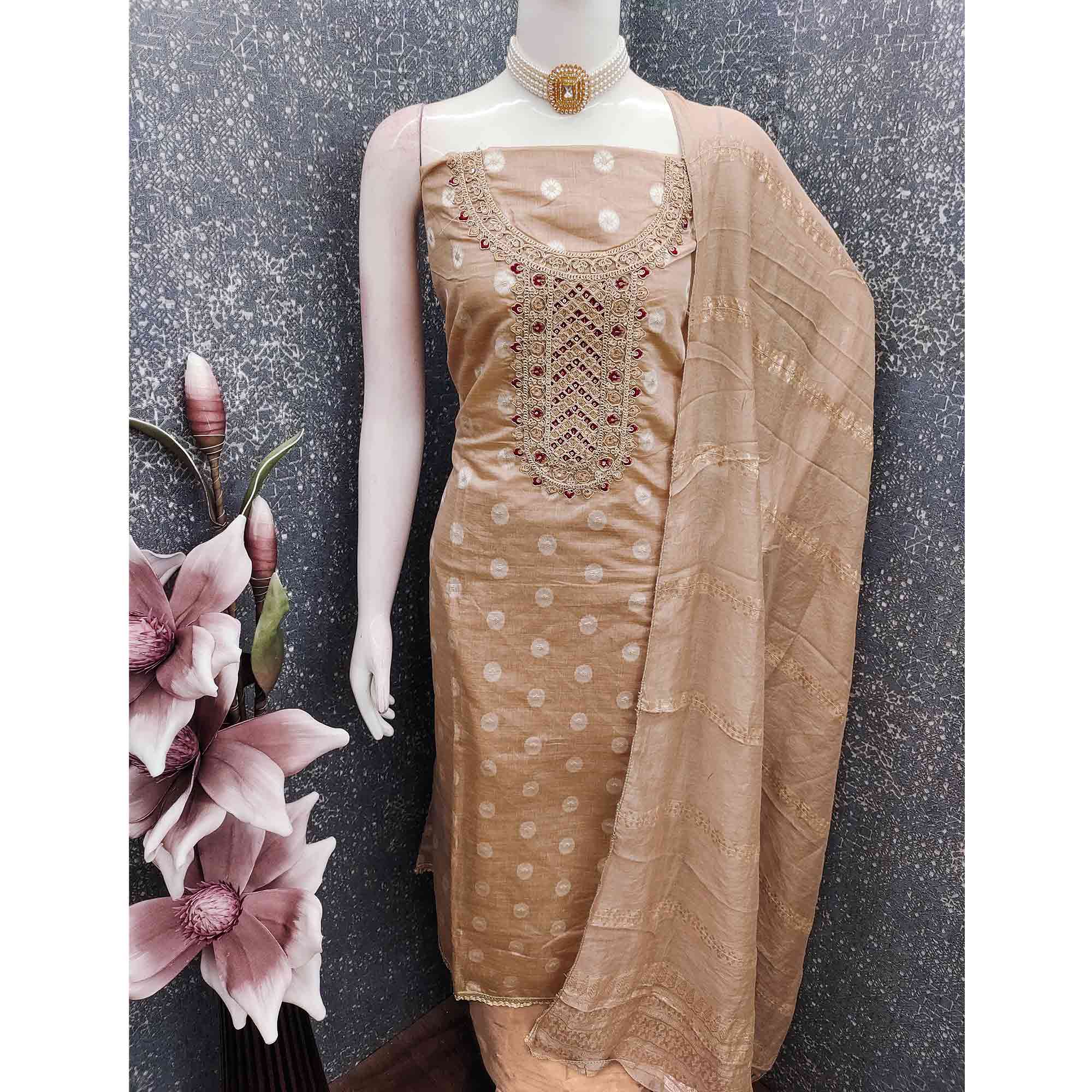 Graceful Light Brown Jacquard Dress Material Featuring Floral Weaving & Sequins Cording Embroidery