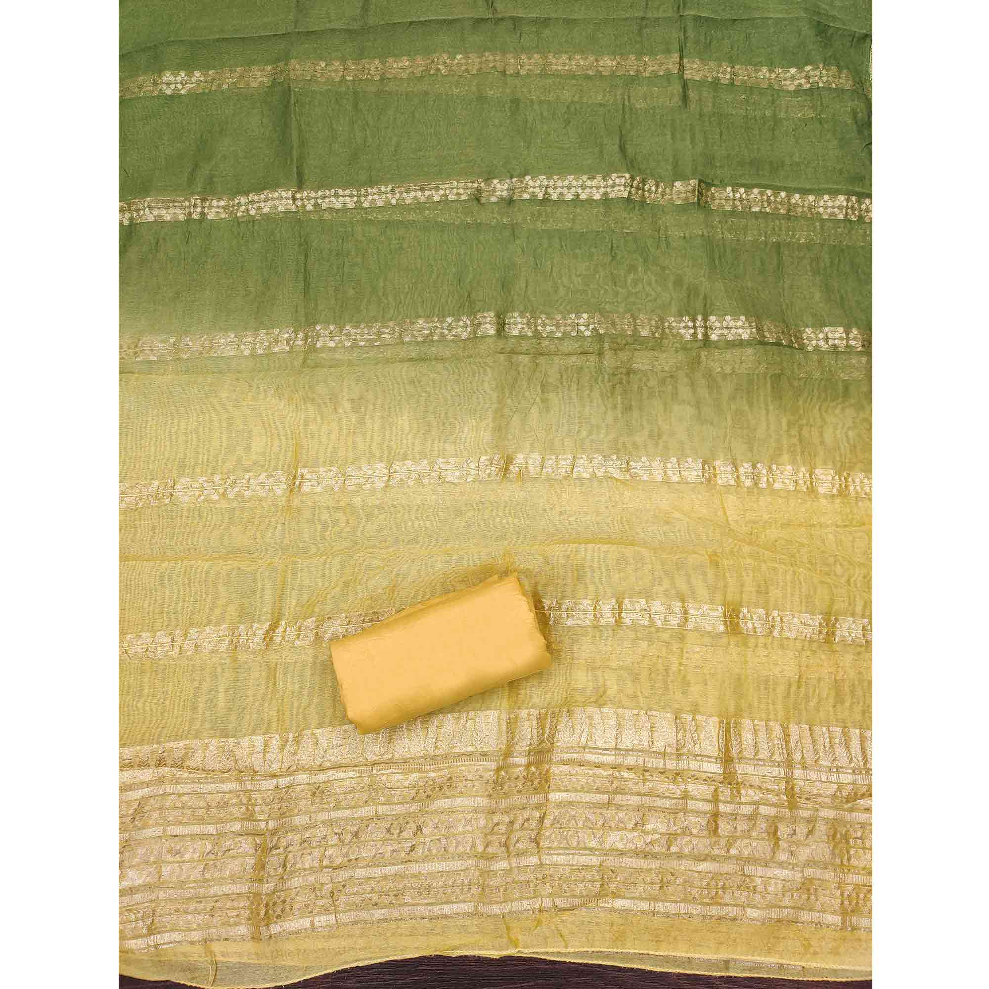 Charming Green Thread Embroidered Cotton Blend Dress Material With Sequins & Gota Patti Accents