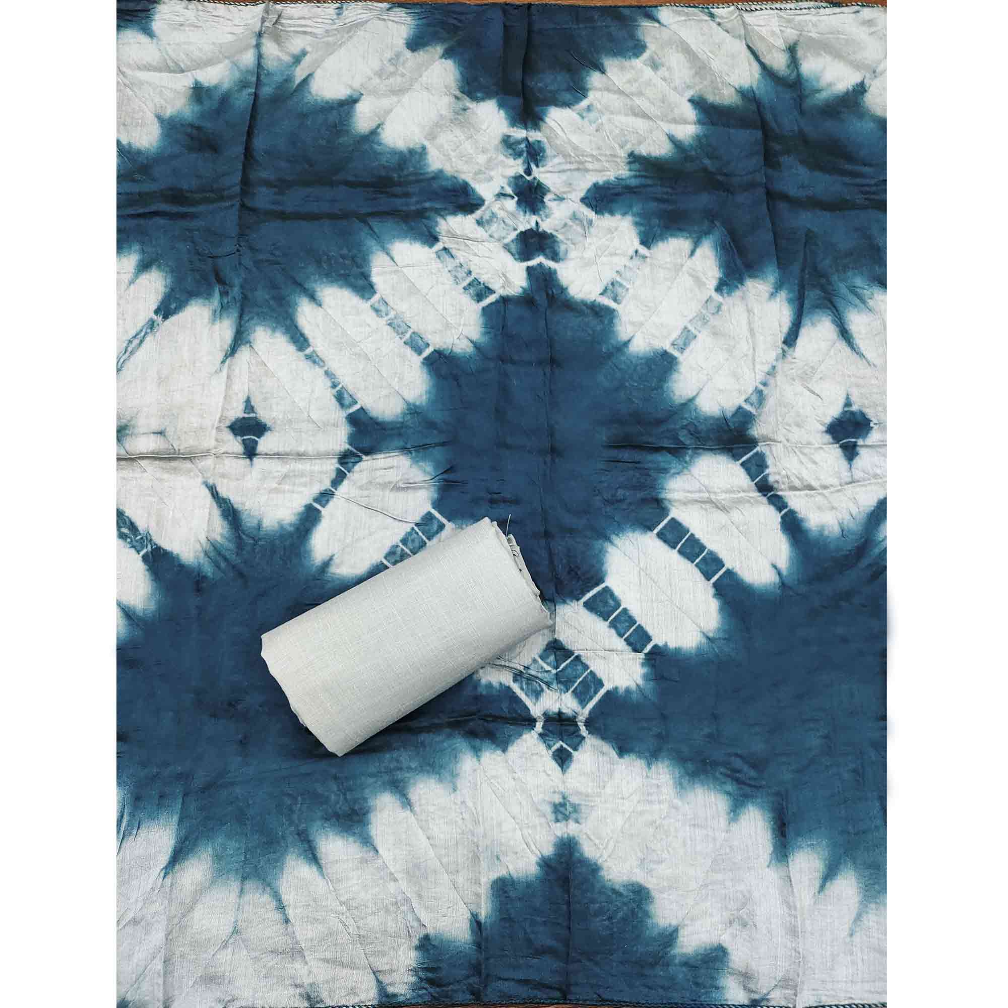 Elegant Blue Floral Thread Embroidered Cotton Blend Dress Material With Gota Patti Work