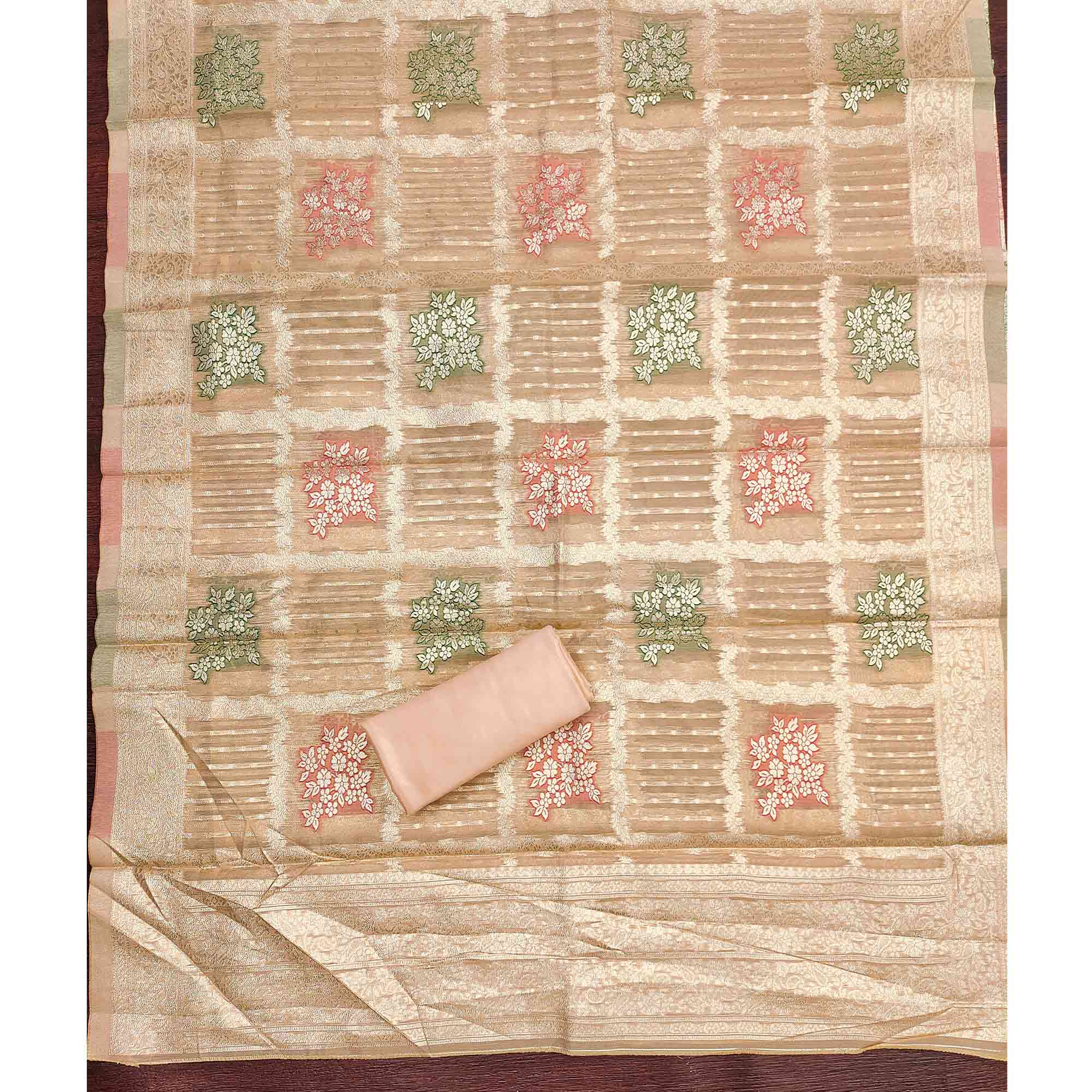 Stylish Peach Floral Cording Embroidered Shimmer Dress Material Enhanced With Butti Weaving Work