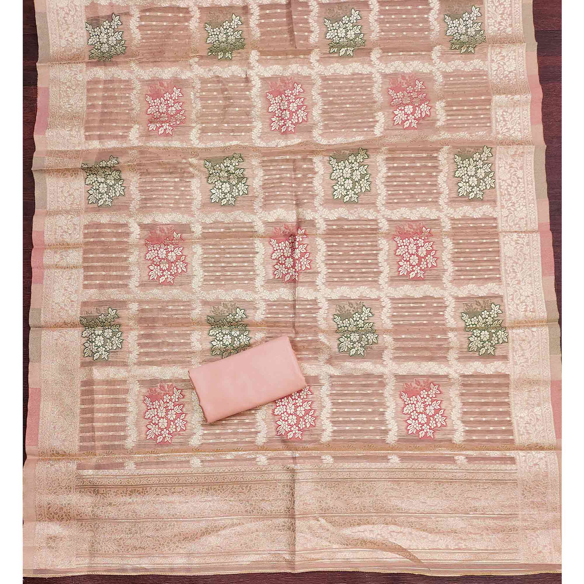 Stylish Pink Floral Cording Embroidered Shimmer Dress Material Enhanced With Butti Weaving Work