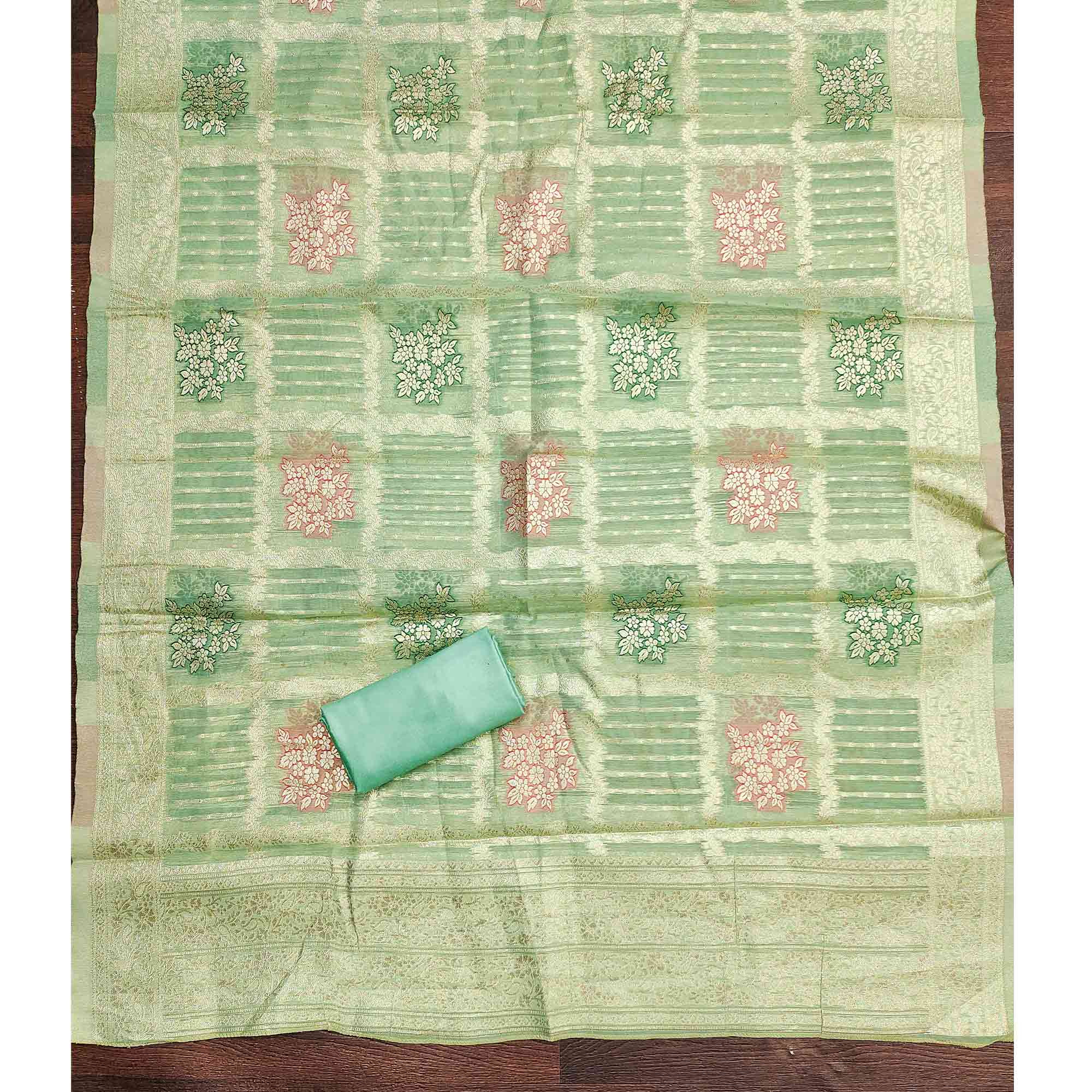 Stylish Sea Green Floral Cording Embroidered Shimmer Dress Material Enhanced With Butti Weaving