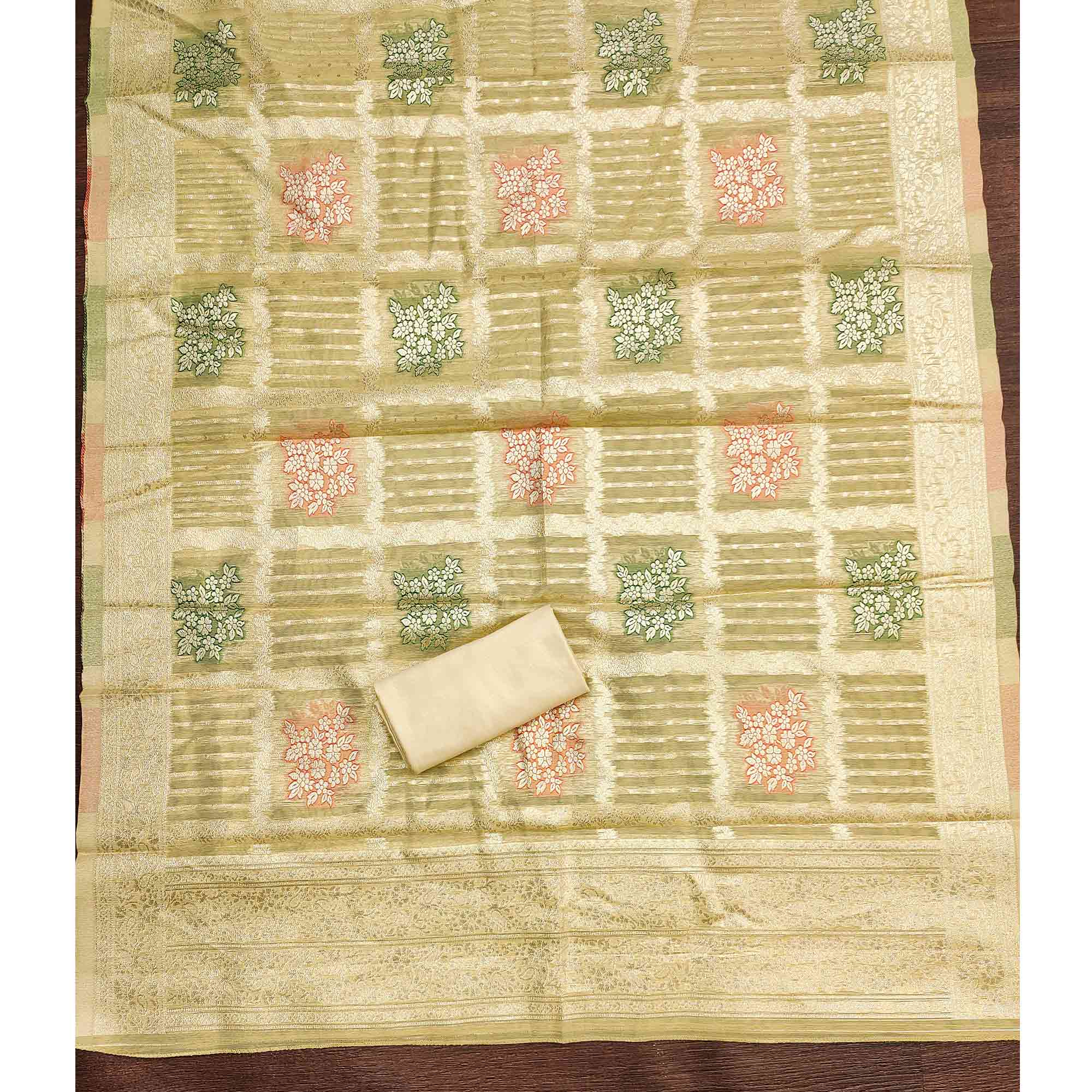 Stylish Yellow Floral Cording Embroidered Shimmer Dress Material Enhanced With Butti Weaving Work