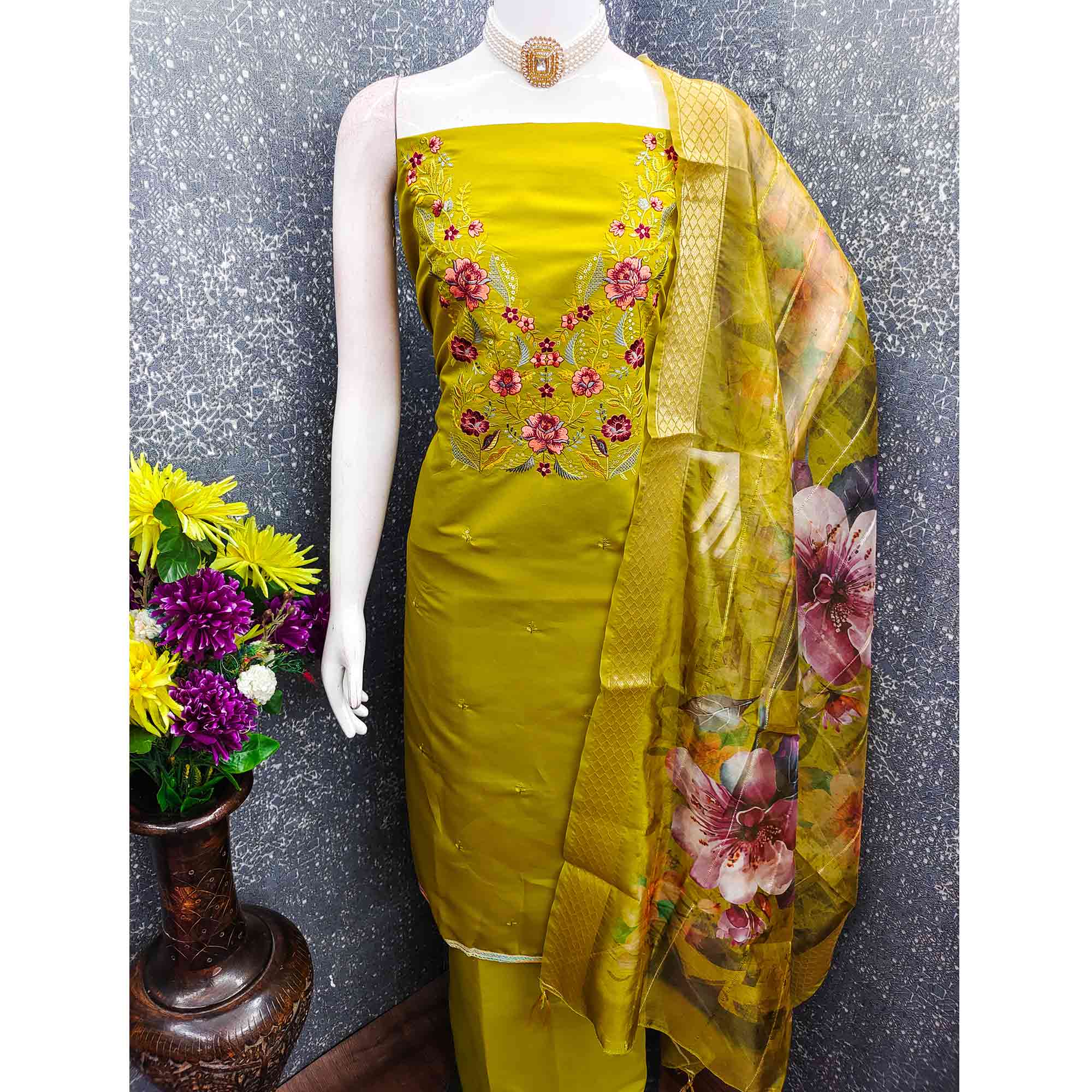 Majestic Green Bloom Floral Thread & Sequins Embroidered Roman Cotton Silk Dress Material