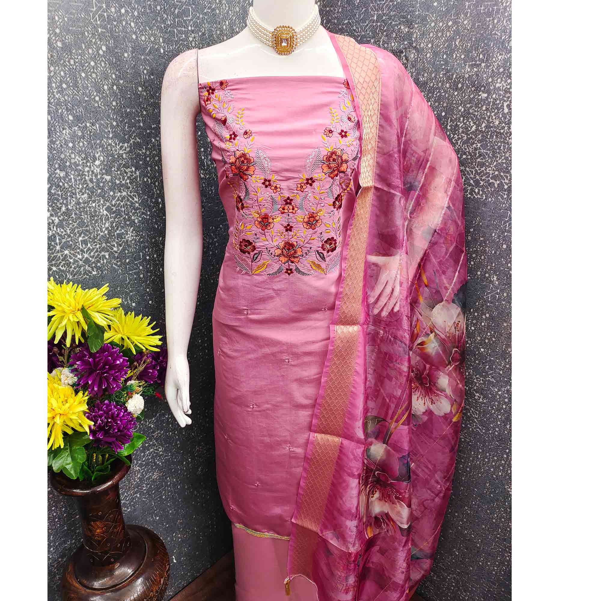 Majestic Pink Bloom Floral Thread & Sequins Embroidered Roman Cotton Silk Dress Material