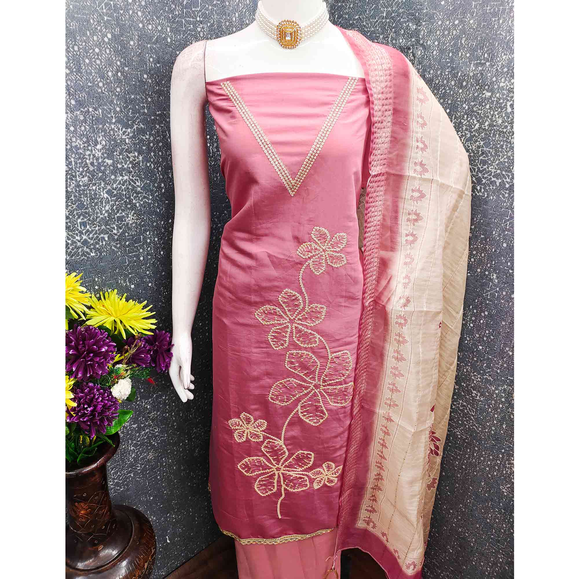 Sophisticated Pink Floral Embroidered Roman Cotton Silk Dress Material With Shimmering Sequins