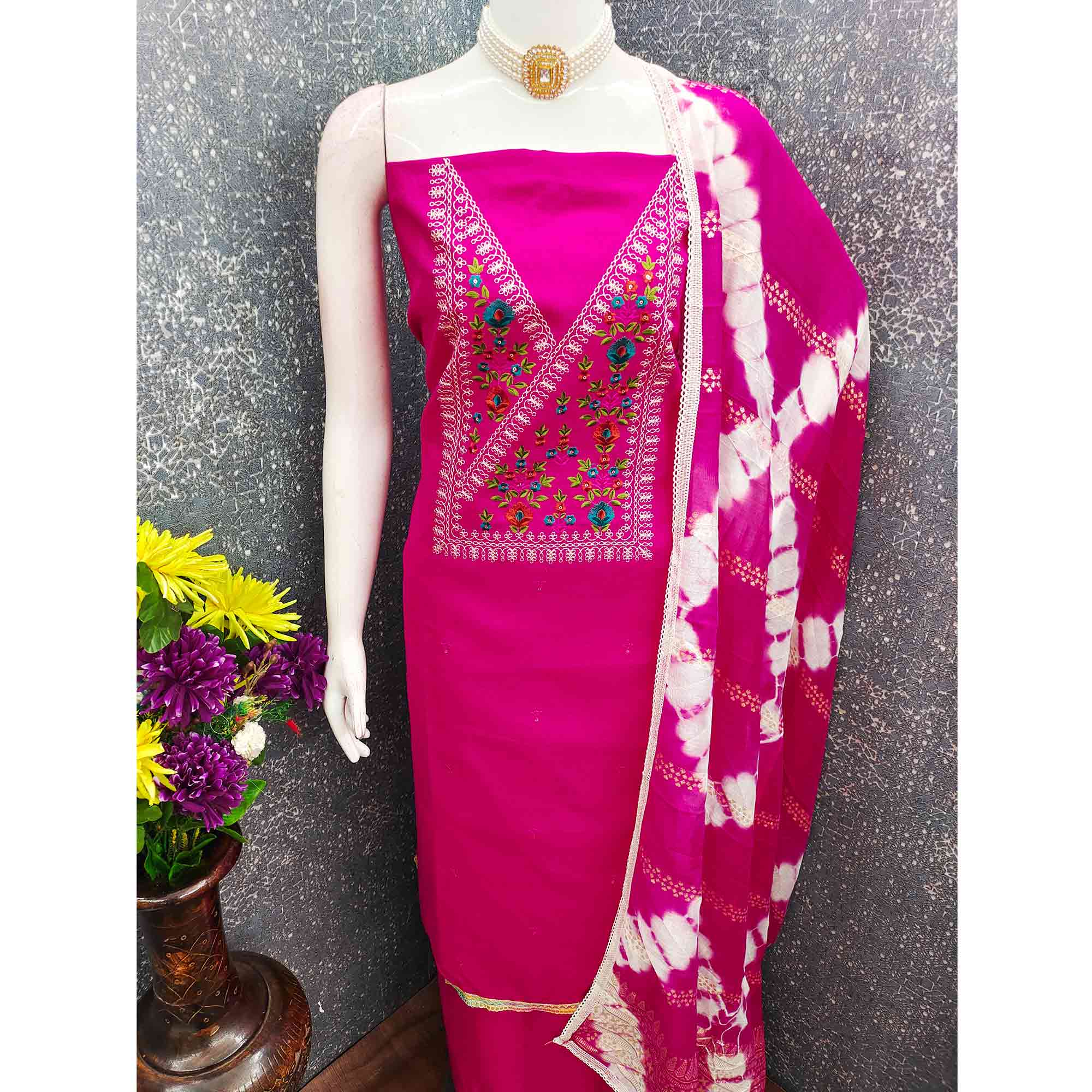 Opulent Grace Pink Cotton Blend Dress Material Adorned With Floral Thread & Sequins Work