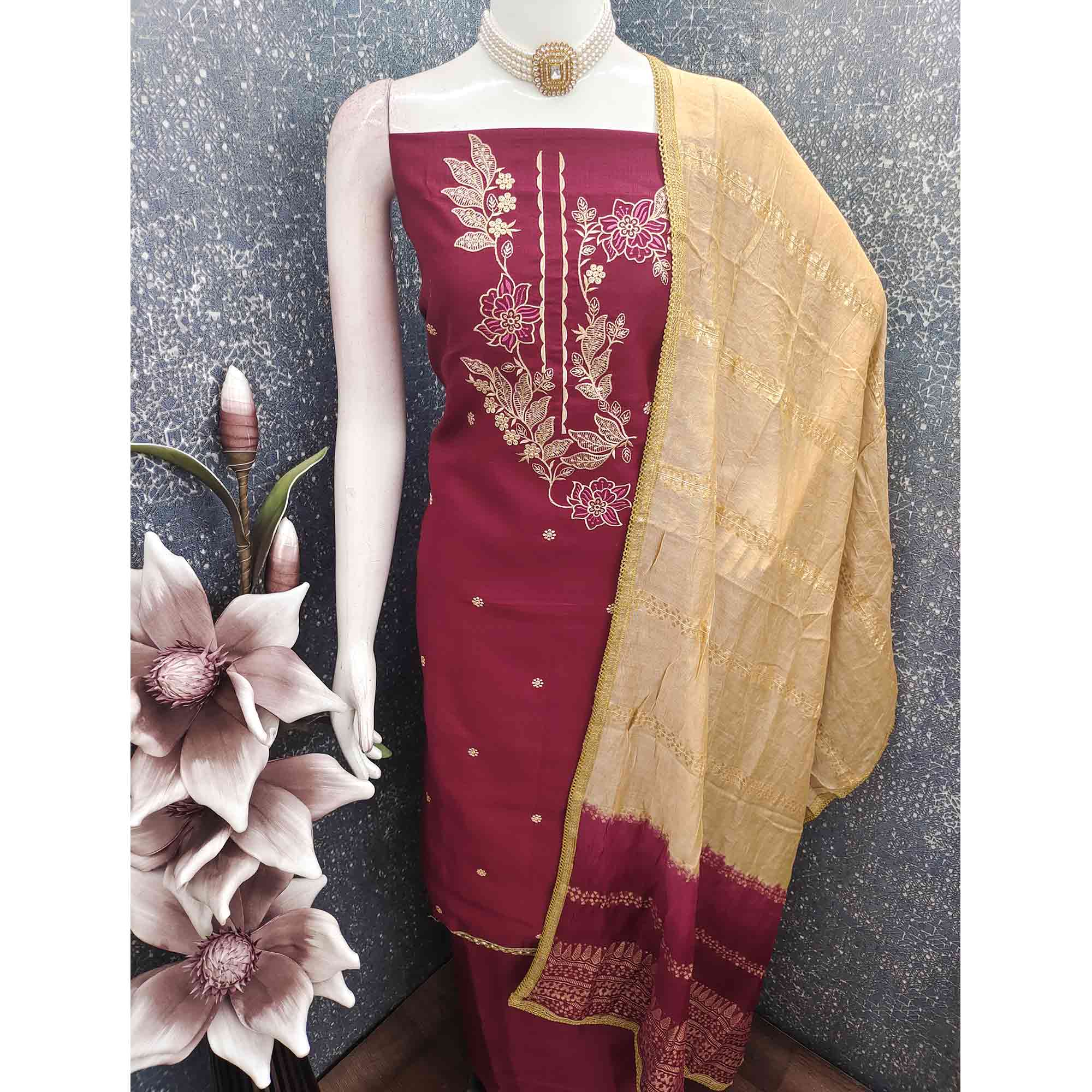 Maroon Cotton Blend Dress Material Adorned With Elegant Floral Embroidery & Sequins Detailing