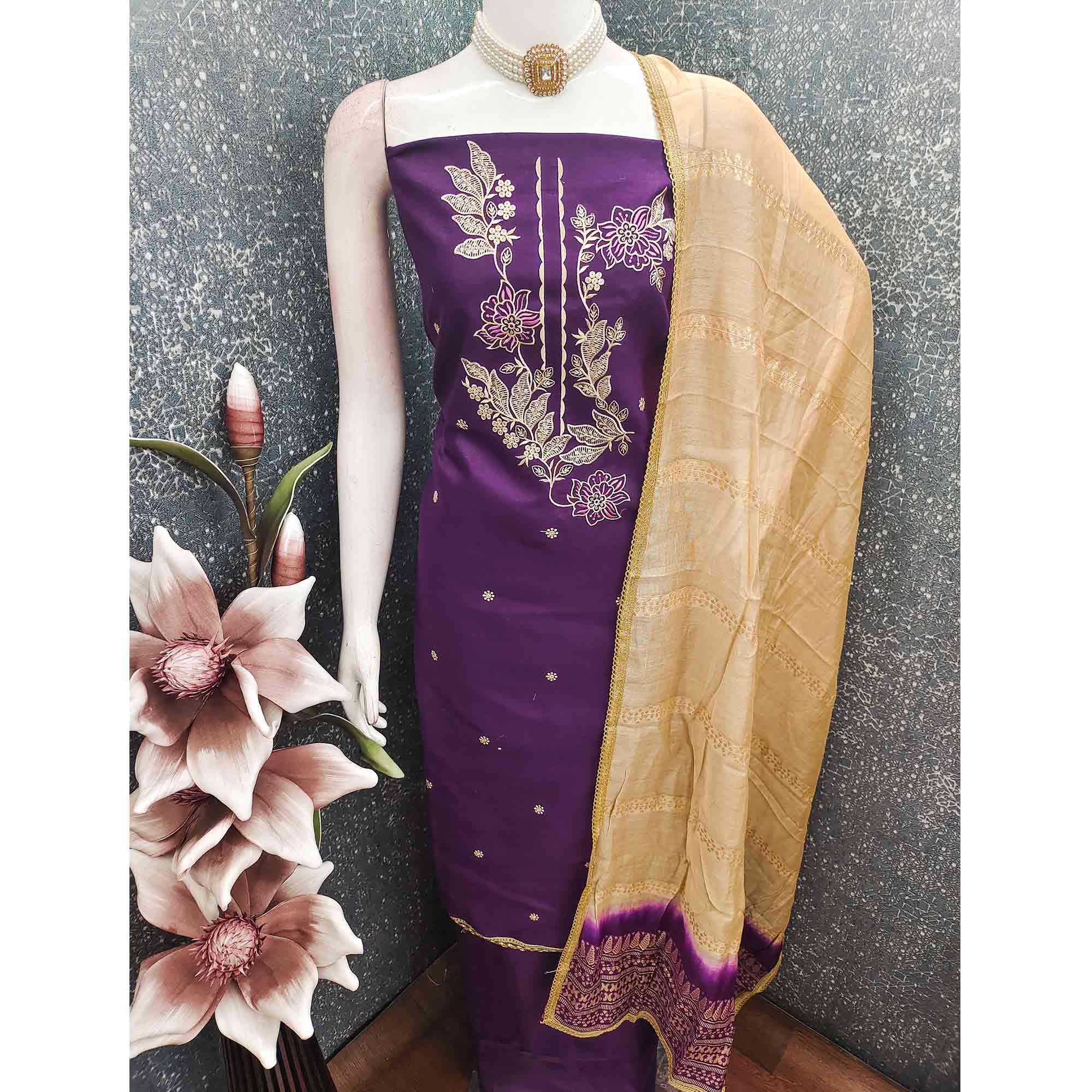 Purple Cotton Blend Dress Material Adorned With Elegant Floral Embroidery & Sequins Detailing
