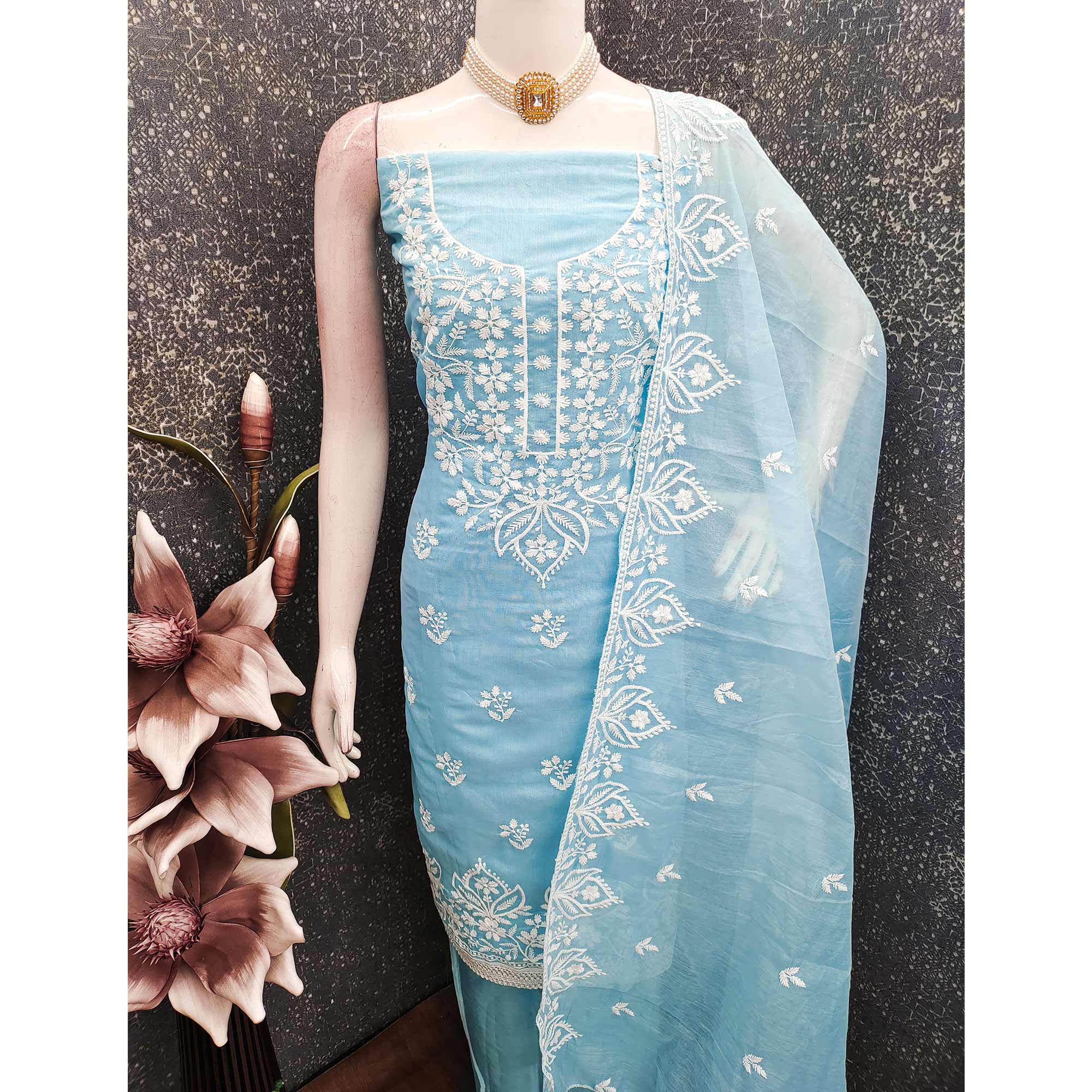 Designer Blue Floral Thread Embroidered Chanderi Cotton Dress Material