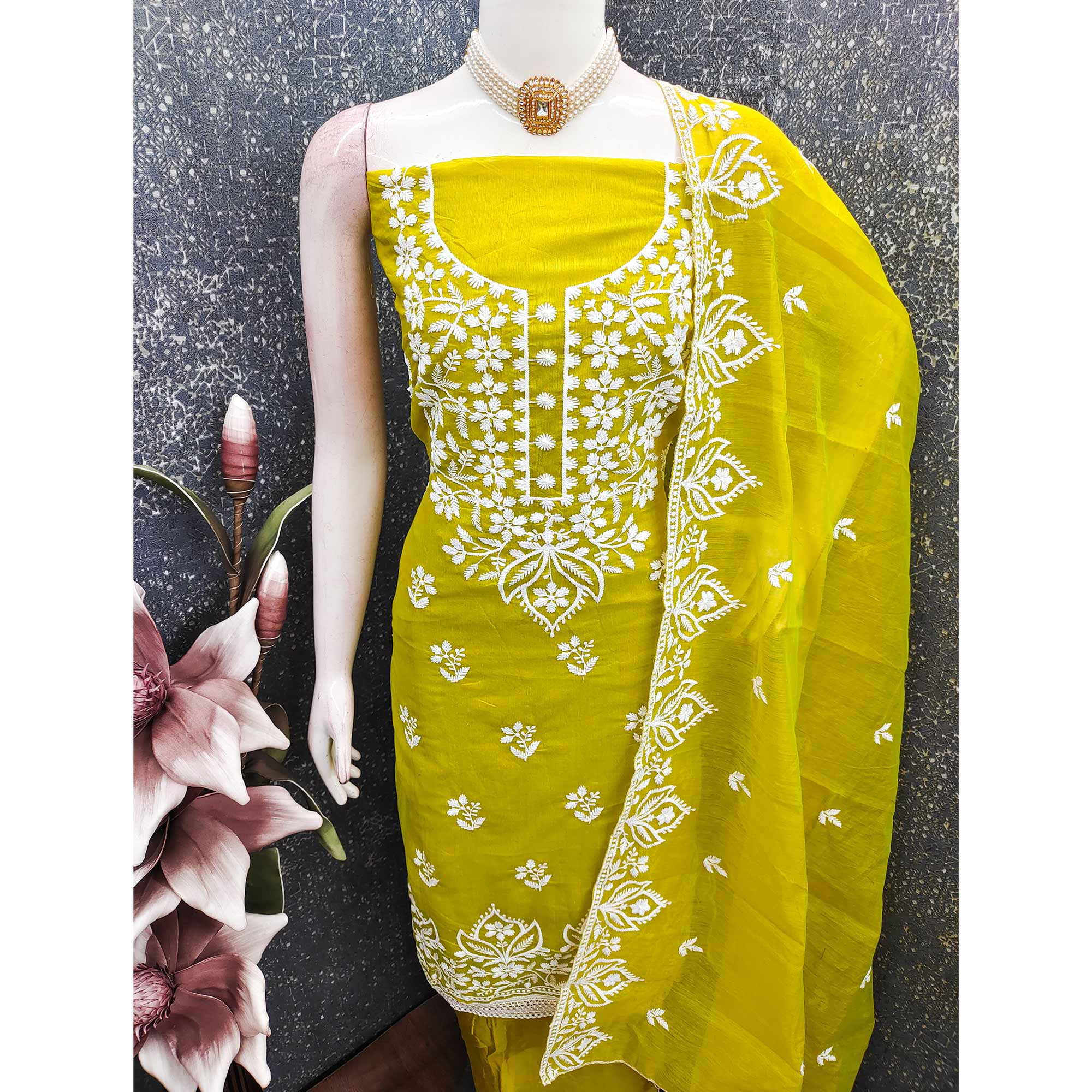 Designer Lemon Yellow Floral Thread Embroidered Chanderi Cotton Dress Material