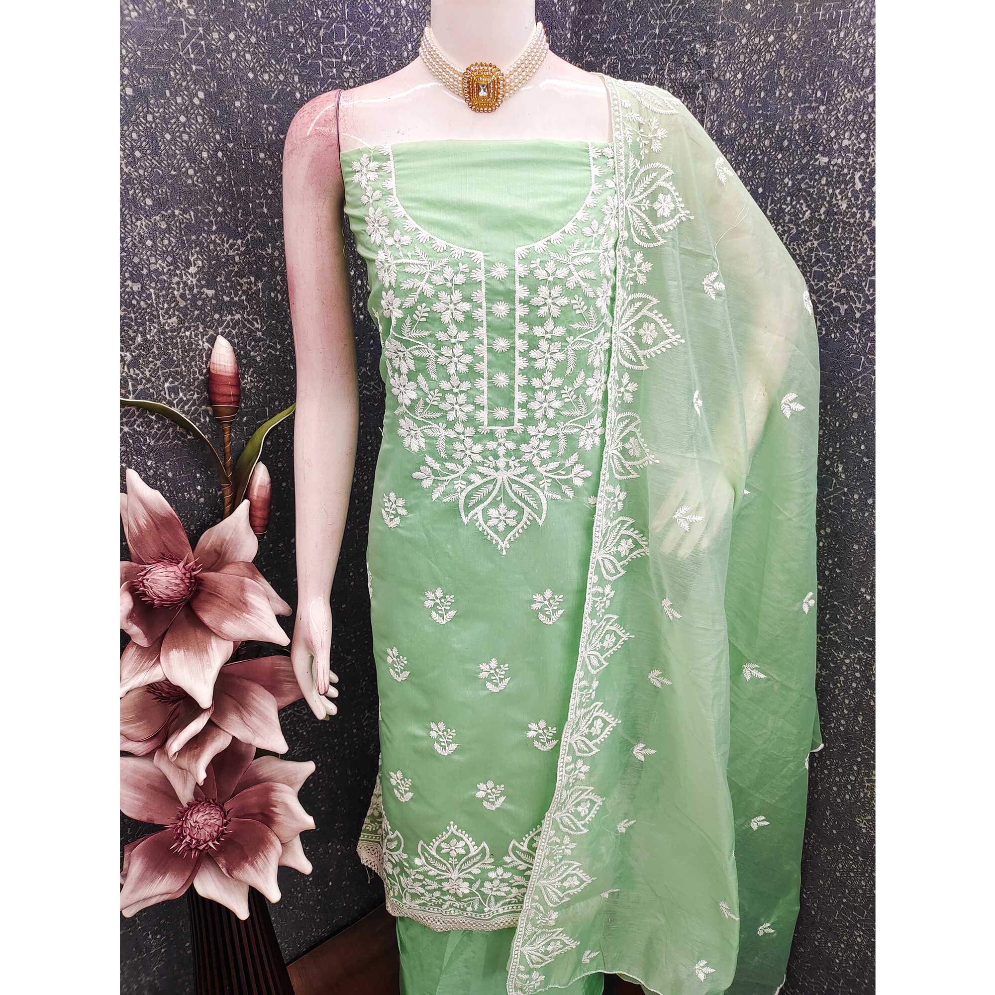 Designer Sea Green Floral Thread Embroidered Chanderi Cotton Dress Material