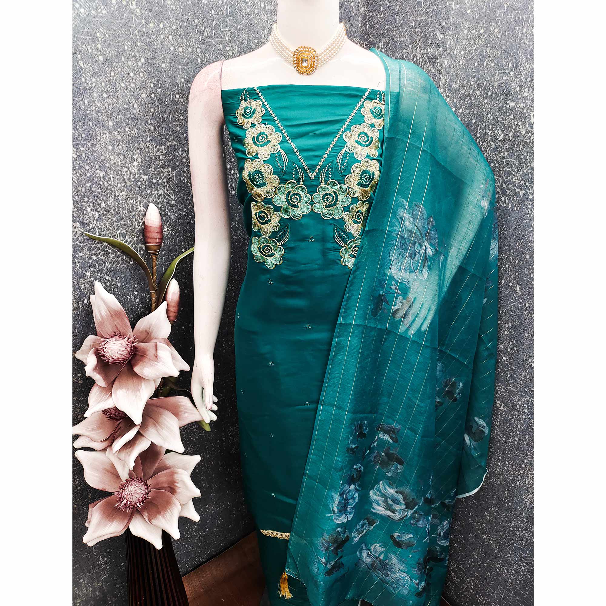 Ethnic Teal Floral Thread Embroidered Roman Cotton Silk Dress Material With Subtle Sequins Work