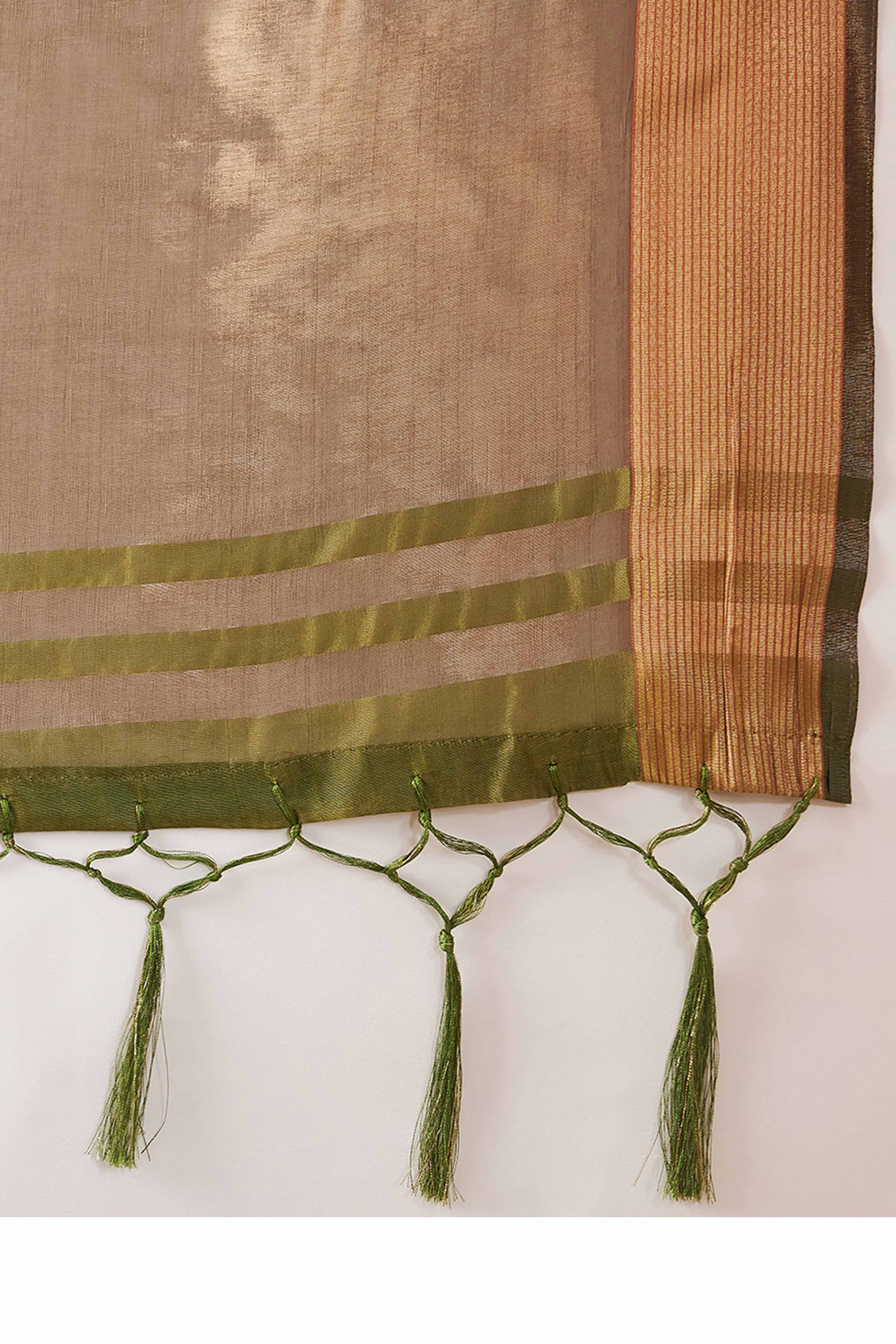 Green Organza Saree In Organza With Delicate Weaving Border And Tassel Details