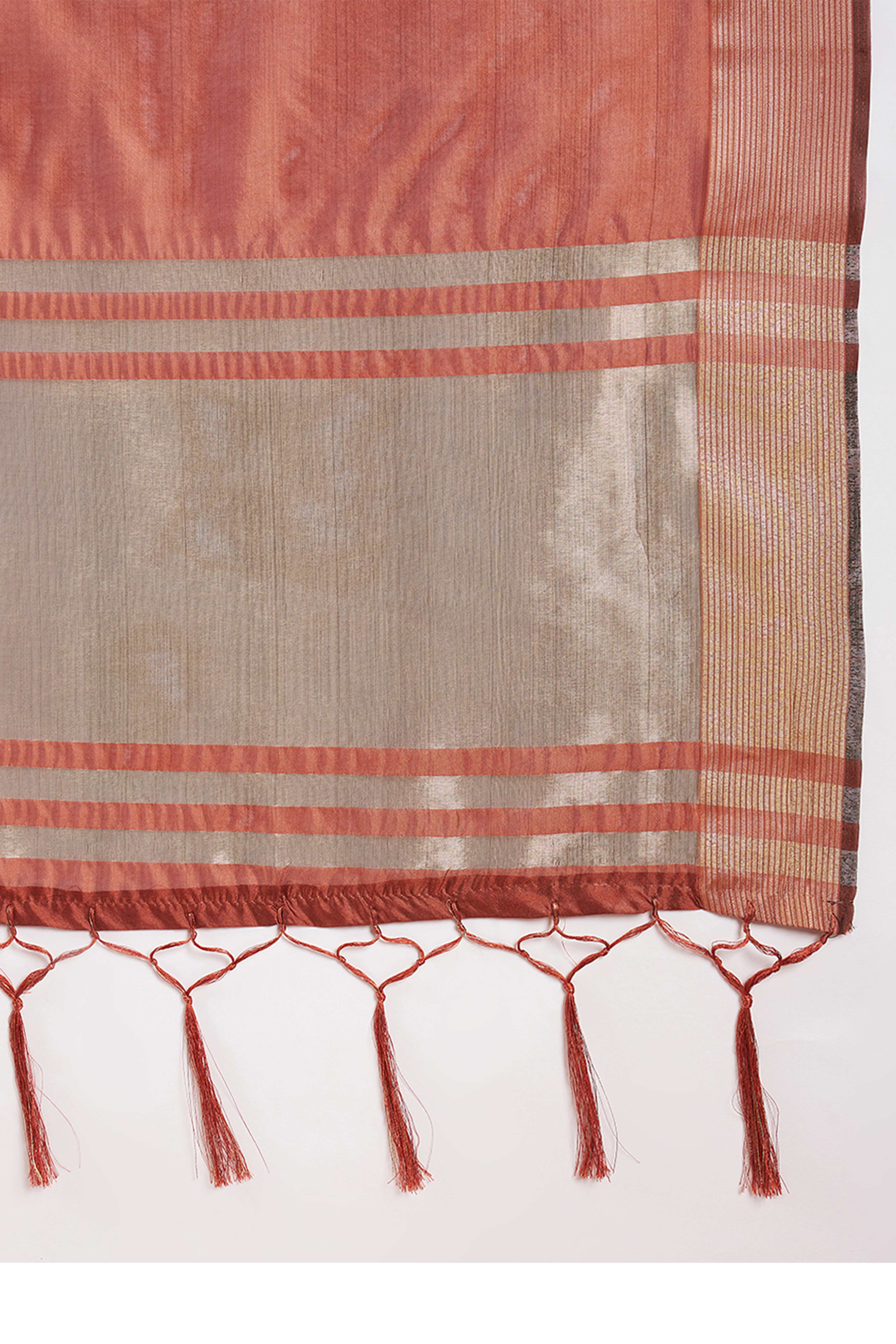 Rust Organza Saree In Organza With Delicate Weaving Border And Tassel Details