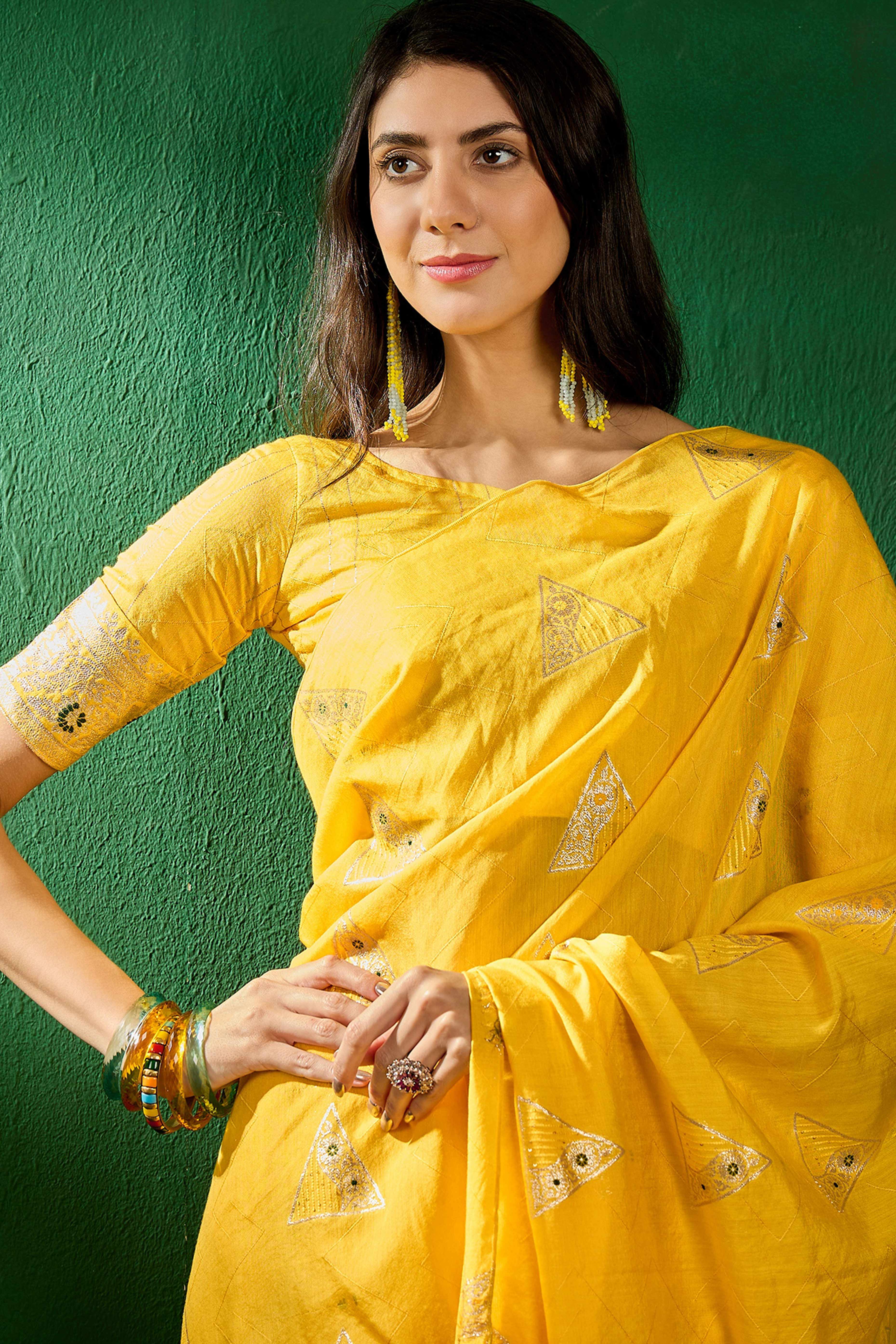 Yellow Floral Woven Staple Cotton Blend Saree With Sparkling Sequin Embroidery & Graceful Tassel Pallu