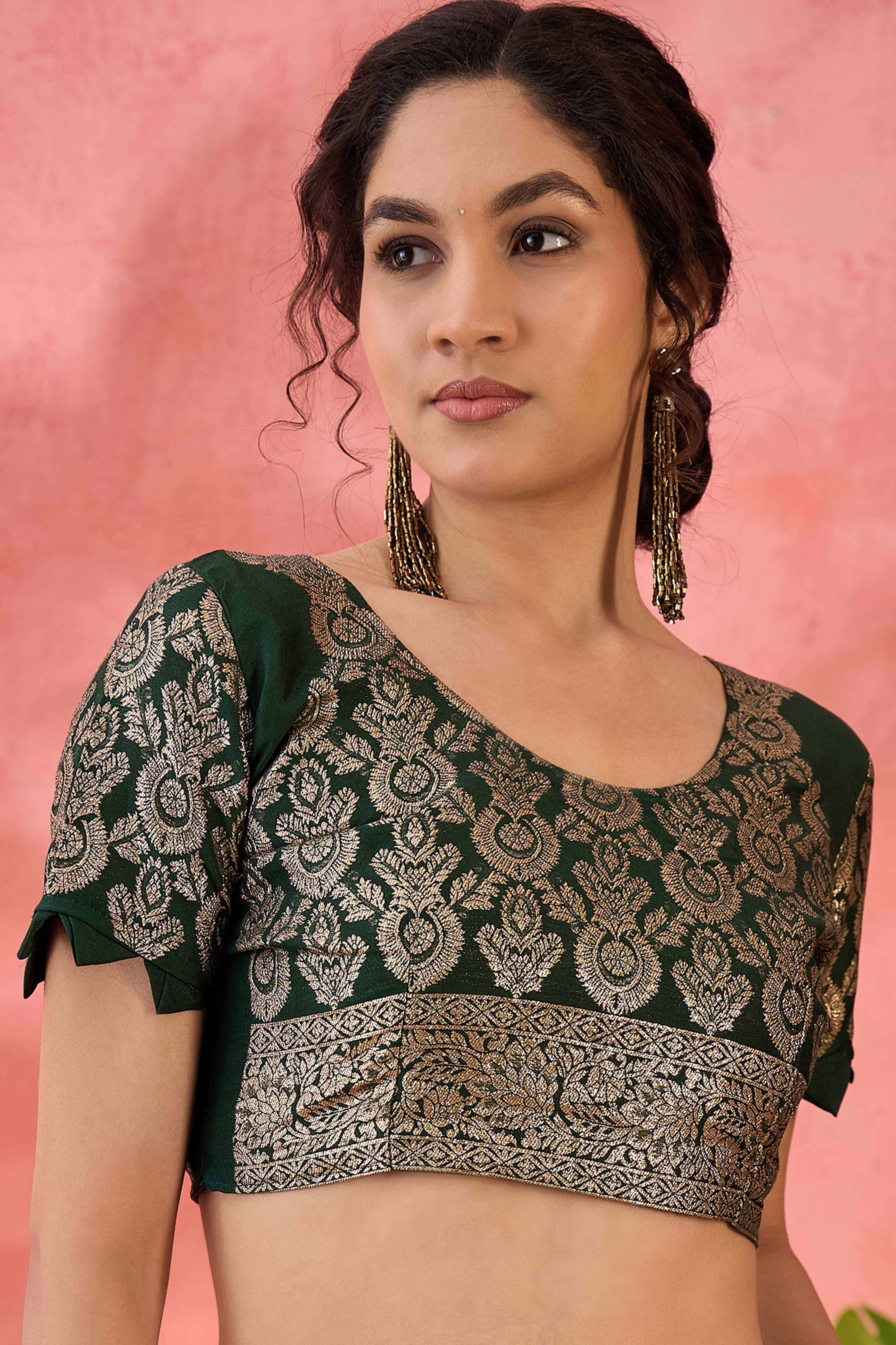 Green Cotton Meena Jacquard Saree Featuring Intricate Floral Weaving & Tassels On The Pallu