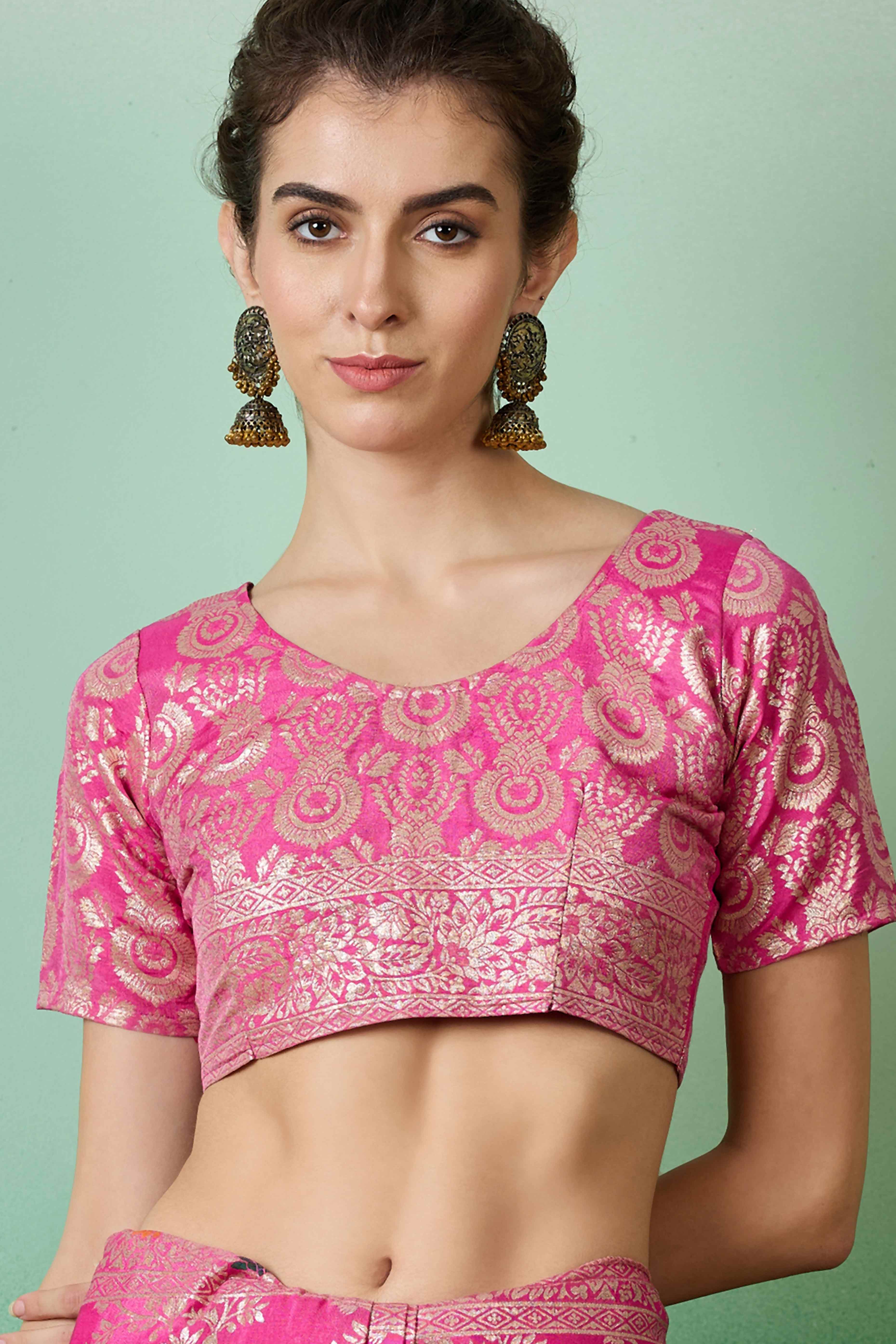 Pink Cotton Meena Jacquard Saree Featuring Intricate Floral Weaving & Tassels On The Pallu