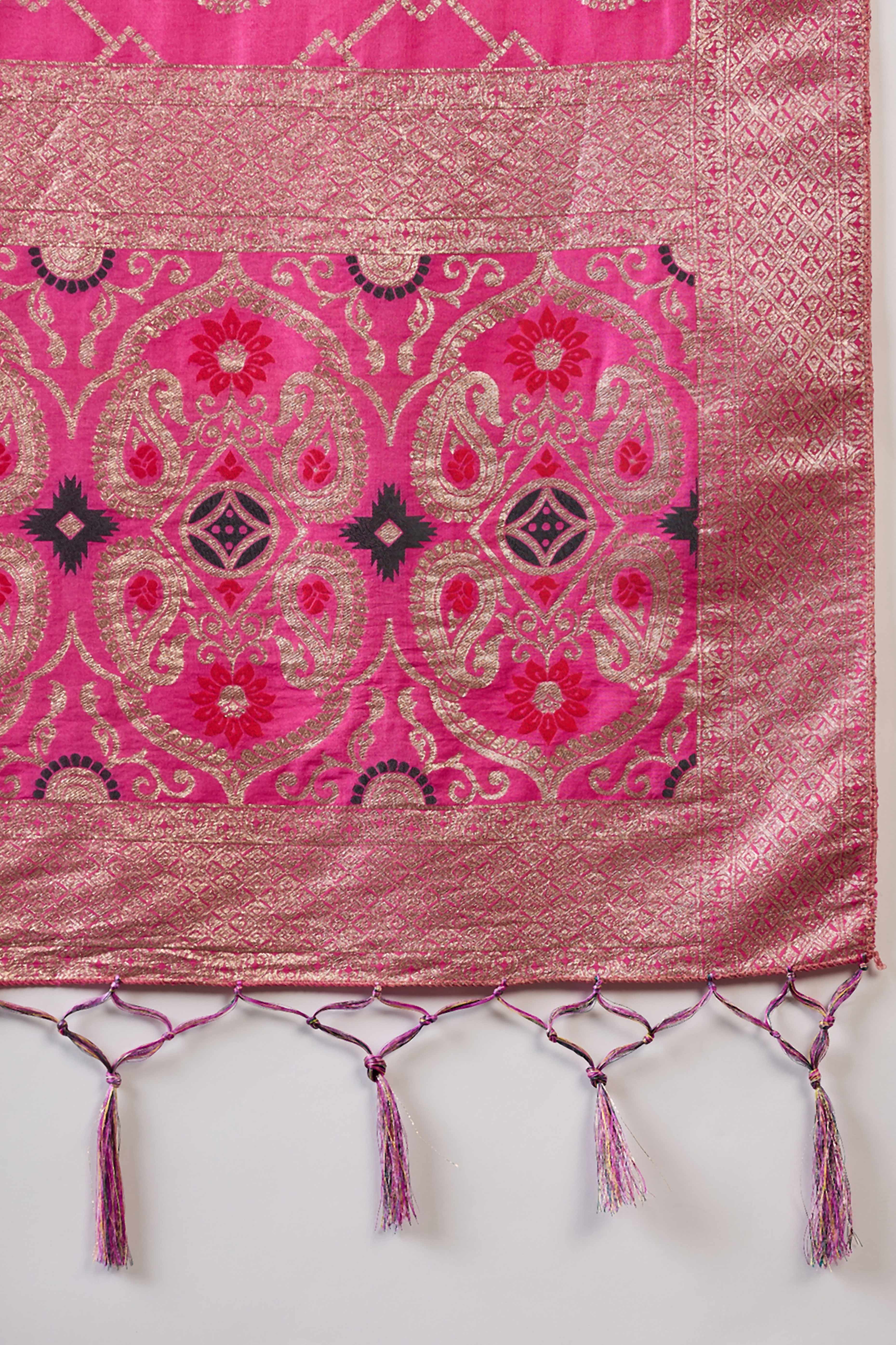 Pink Zari Woven Staple Cotton Blend Saree With Floral Motifs & Tassel Detailed Pallu
