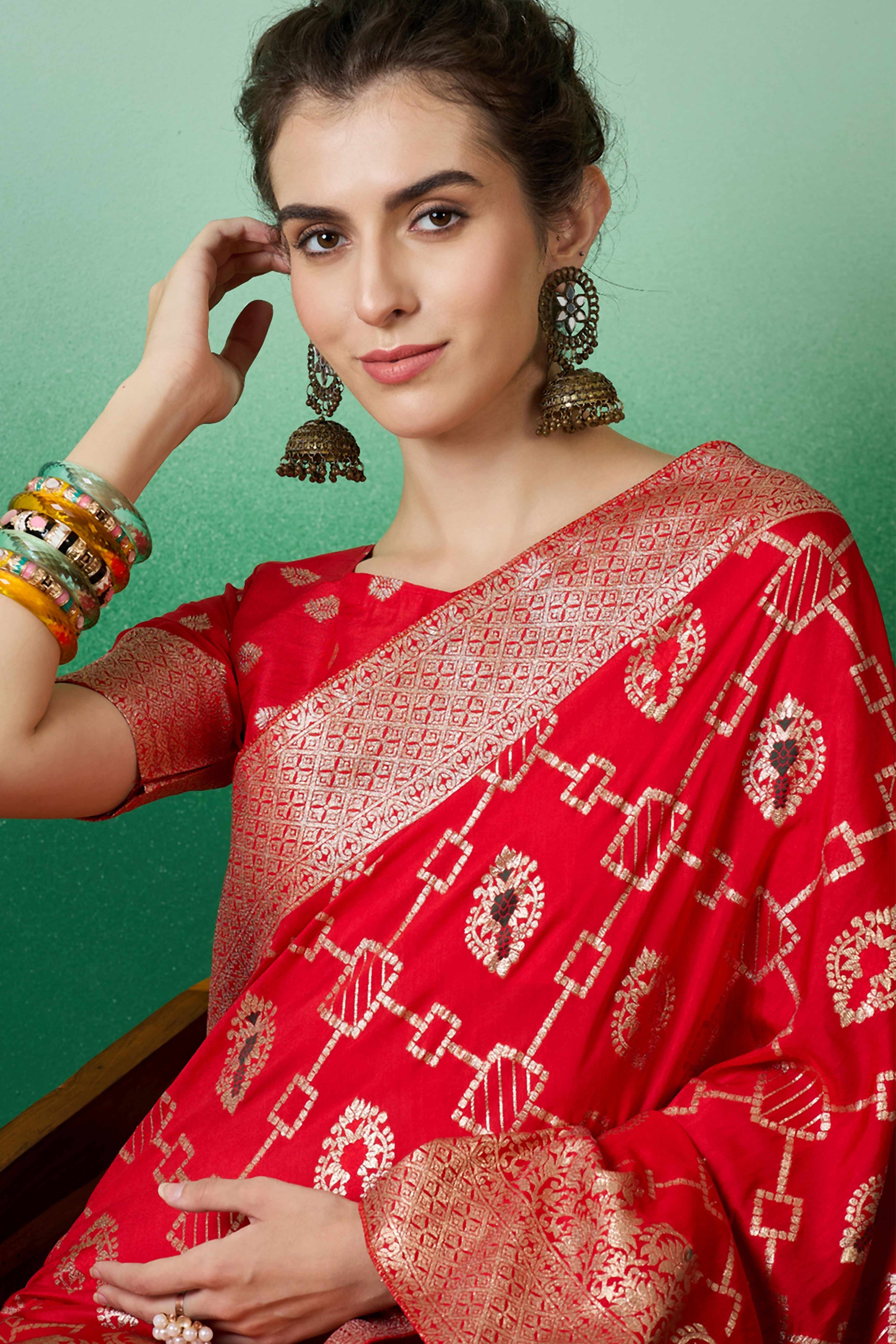 Red Zari Woven Staple Cotton Blend Saree With Floral Motifs & Tassel Detailed Pallu