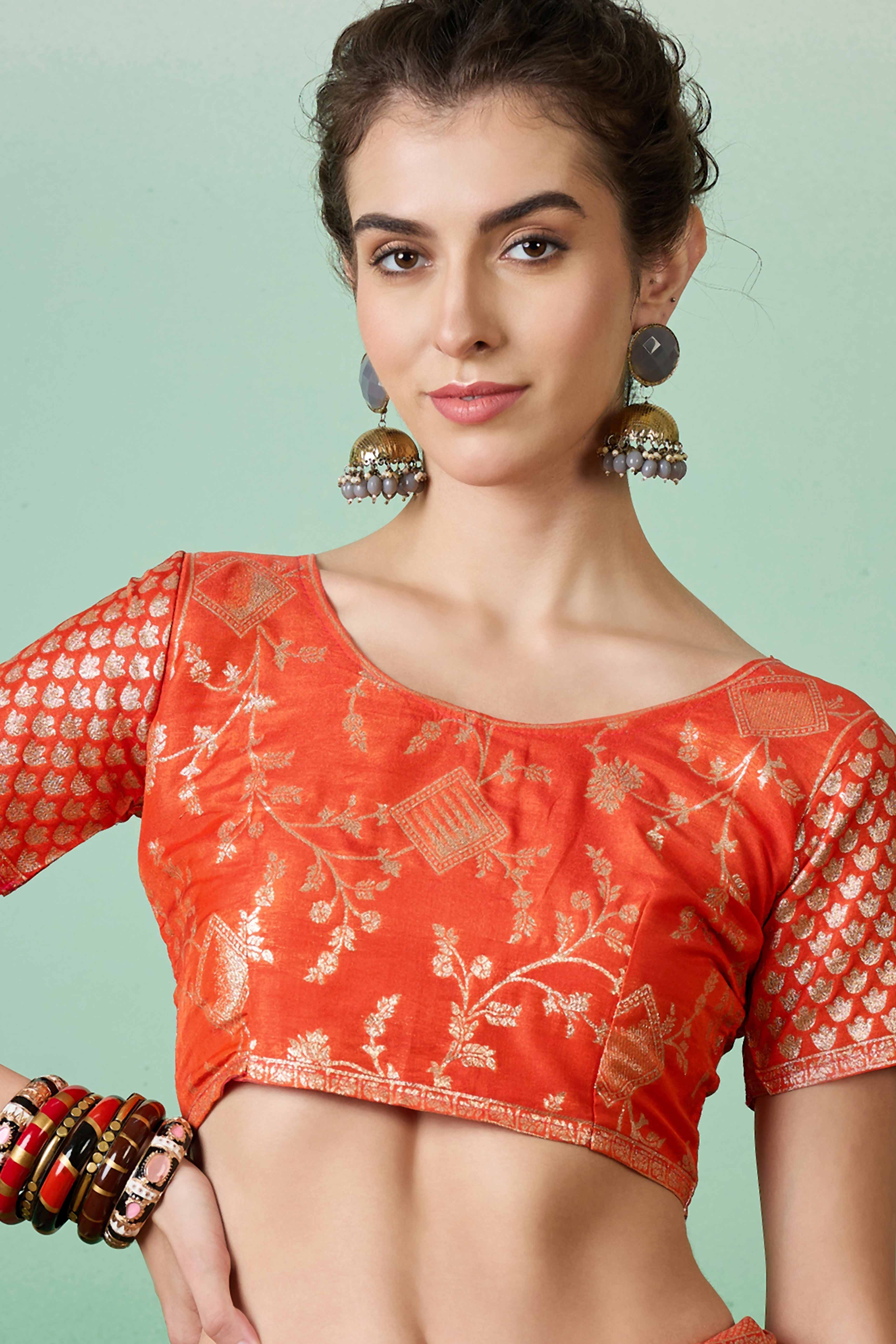 Orange Cotton Blend Saree With Intricate Floral Zari Weaving & Soft Tassel