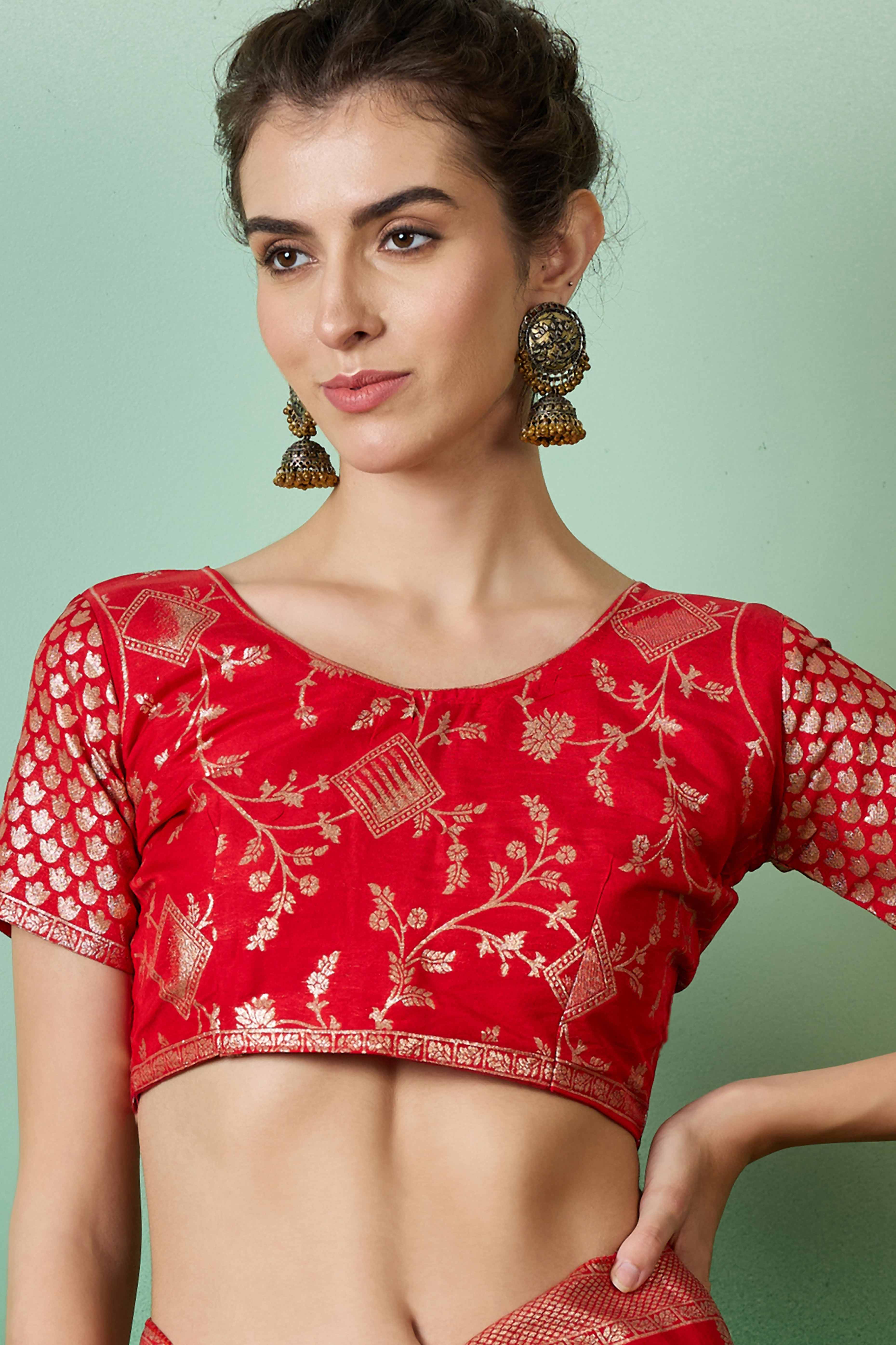 Red Cotton Blend Saree With Intricate Floral Zari Weaving & Soft Tassel