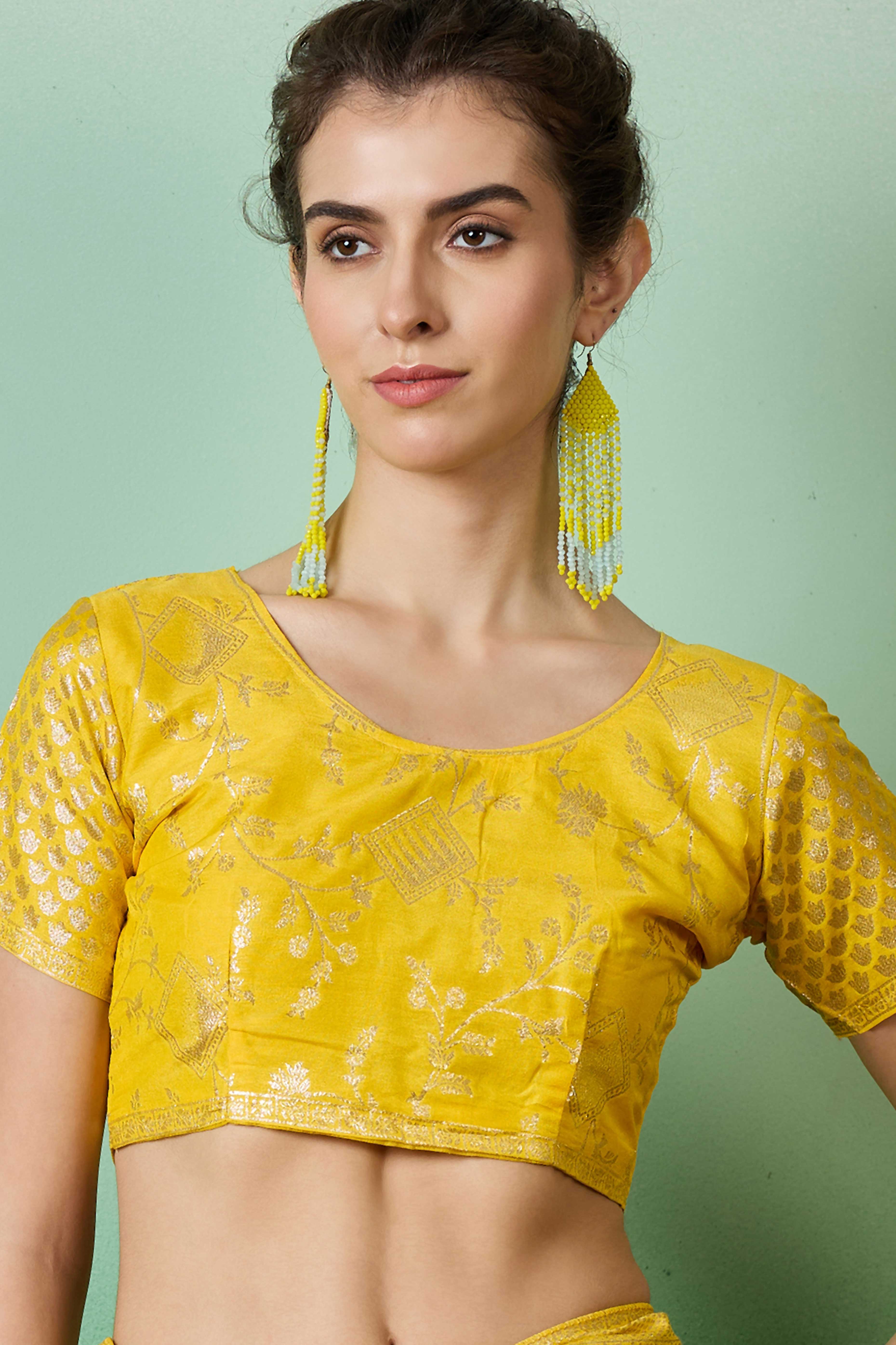 Yellow Cotton Blend Saree With Intricate Floral Zari Weaving & Soft Tassel