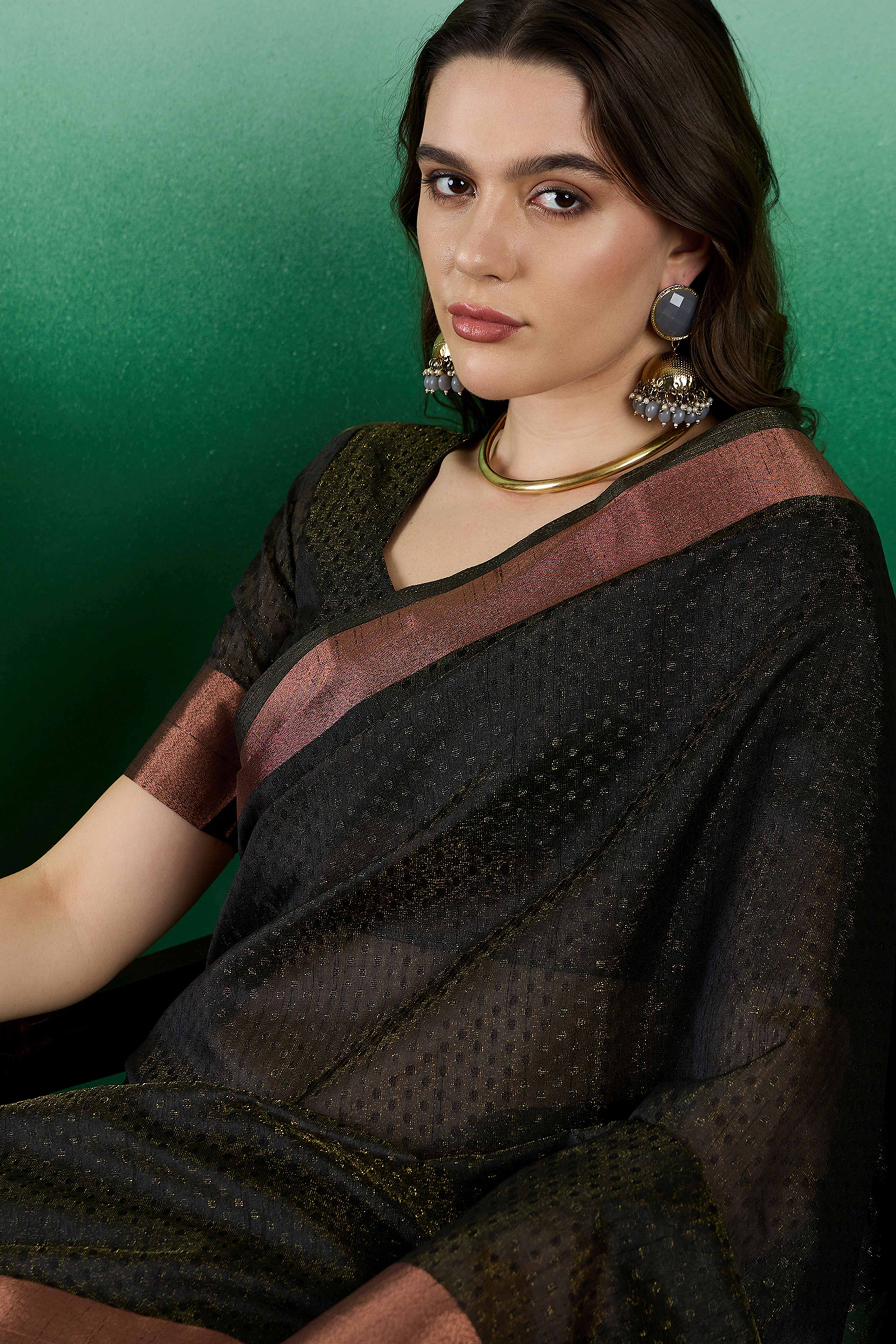 Black Khadi Organza Saree Intricate Weaving & Sparkling Sequins with Tassel Pallu