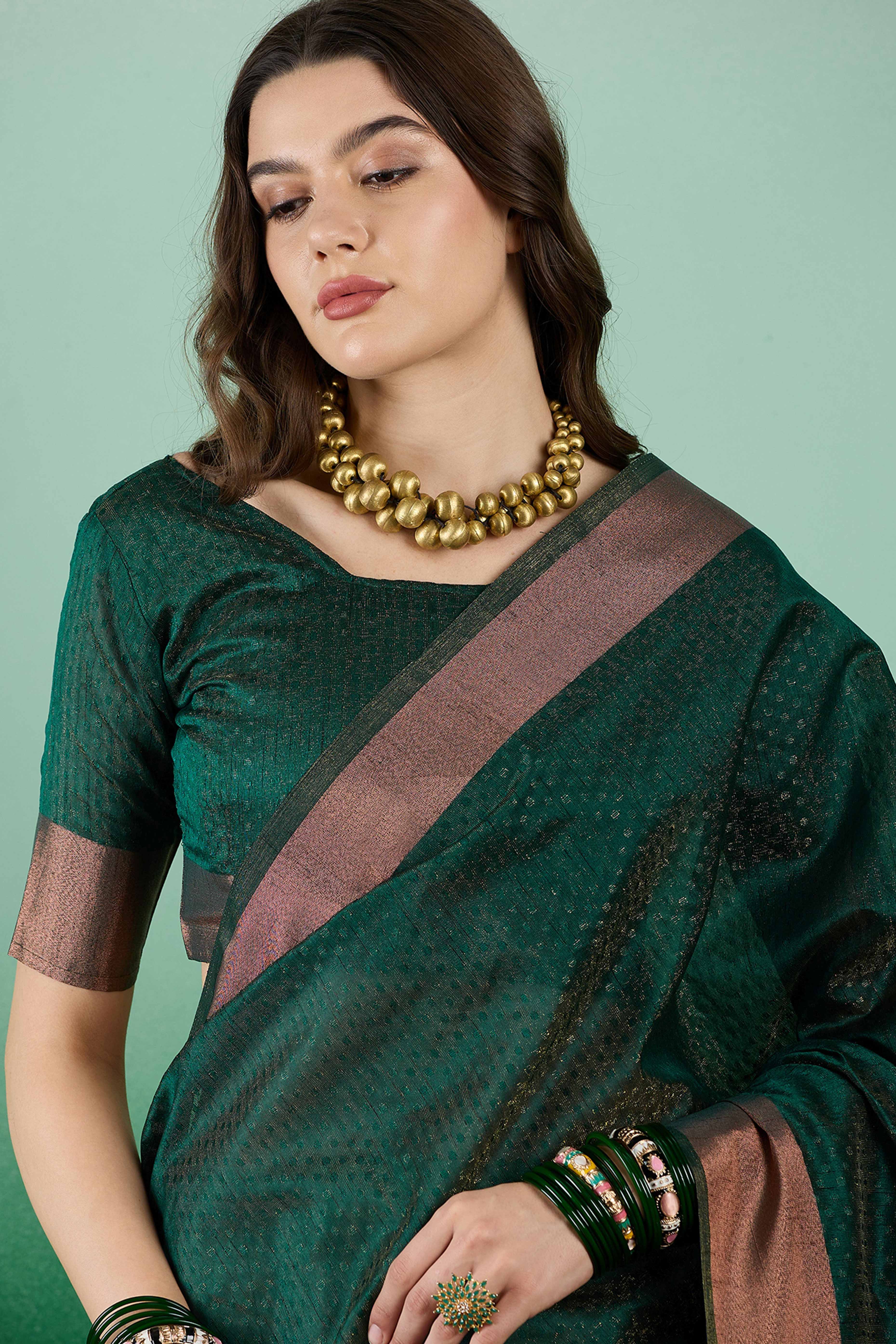 Green Khadi Organza Saree Intricate Weaving & Sparkling Sequins with Tassel Pallu