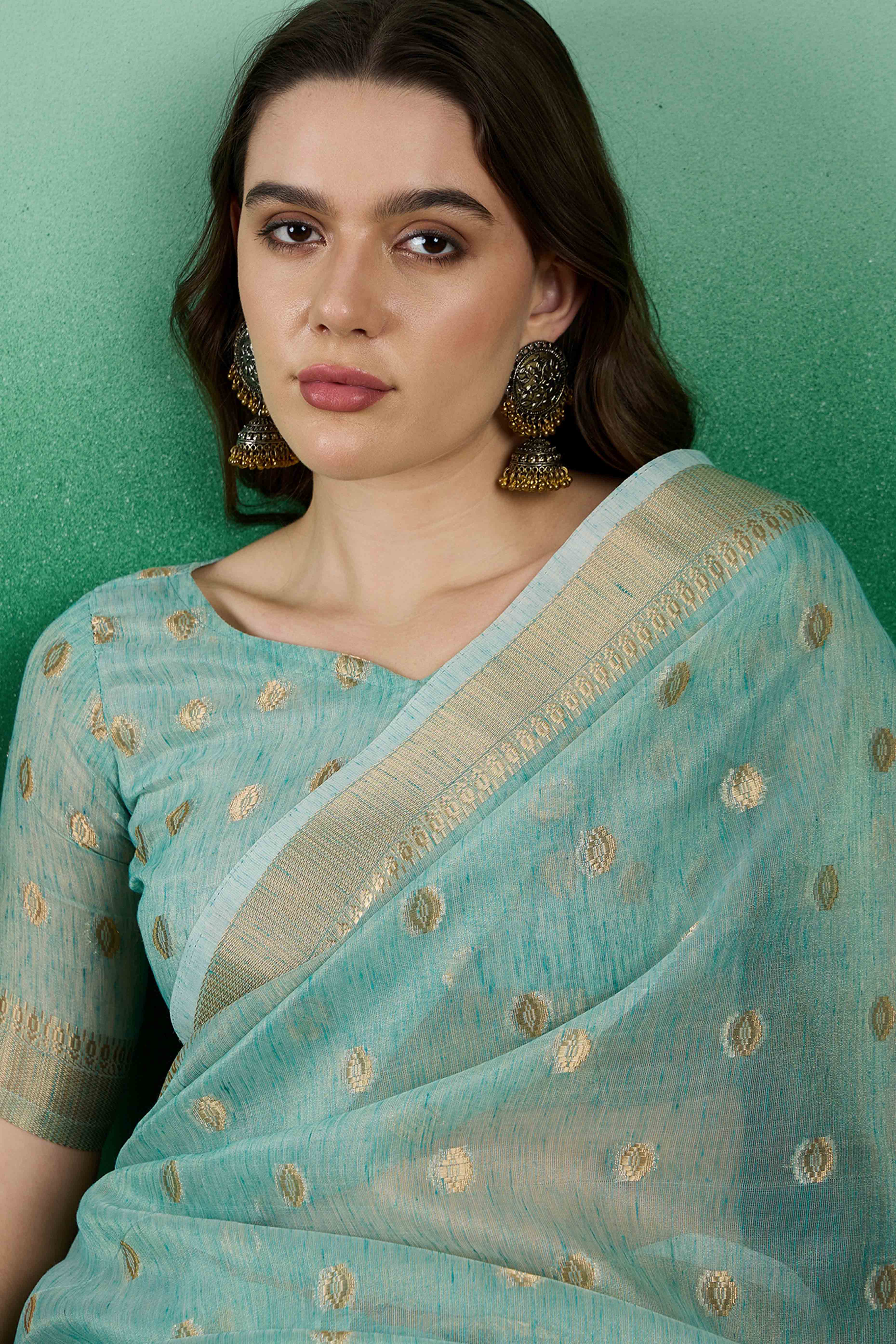 Blue Khadi Organza Saree Embellished With Traditional Zari Work & Tassels