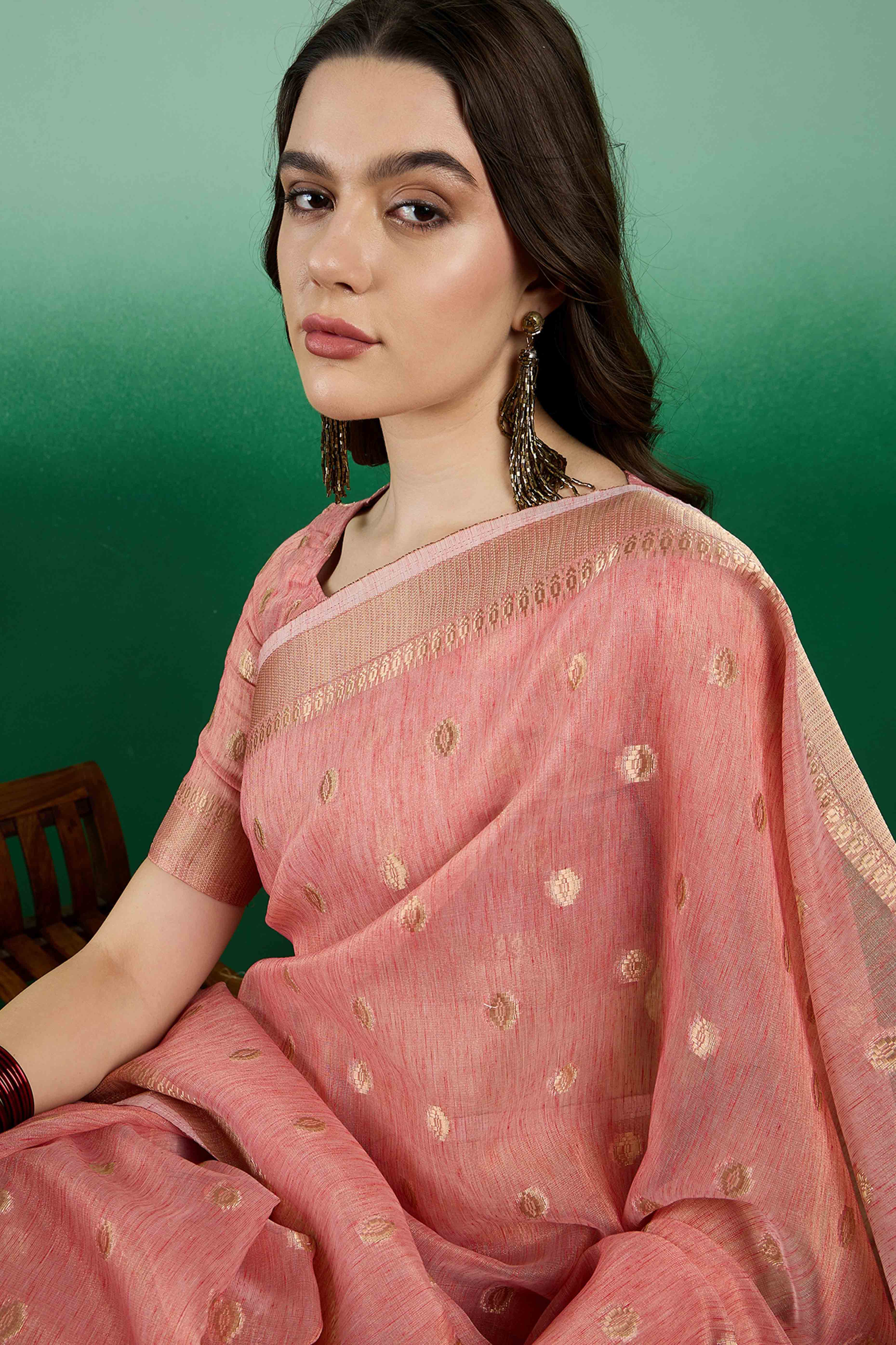 Peach Khadi Organza Saree Embellished With Traditional Zari Work & Tassels