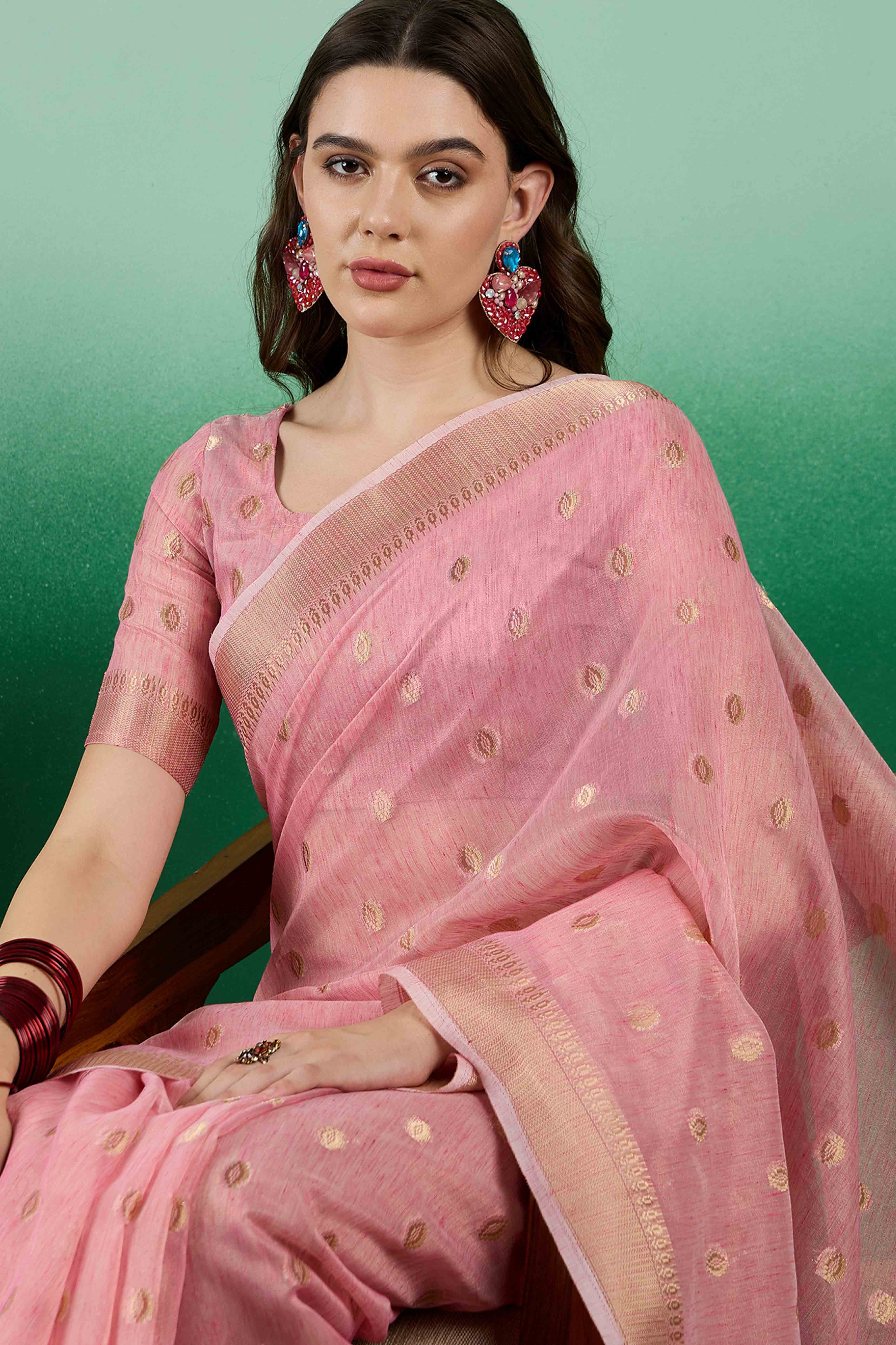 Pink Khadi Organza Saree Embellished With Traditional Zari Work & Tassels