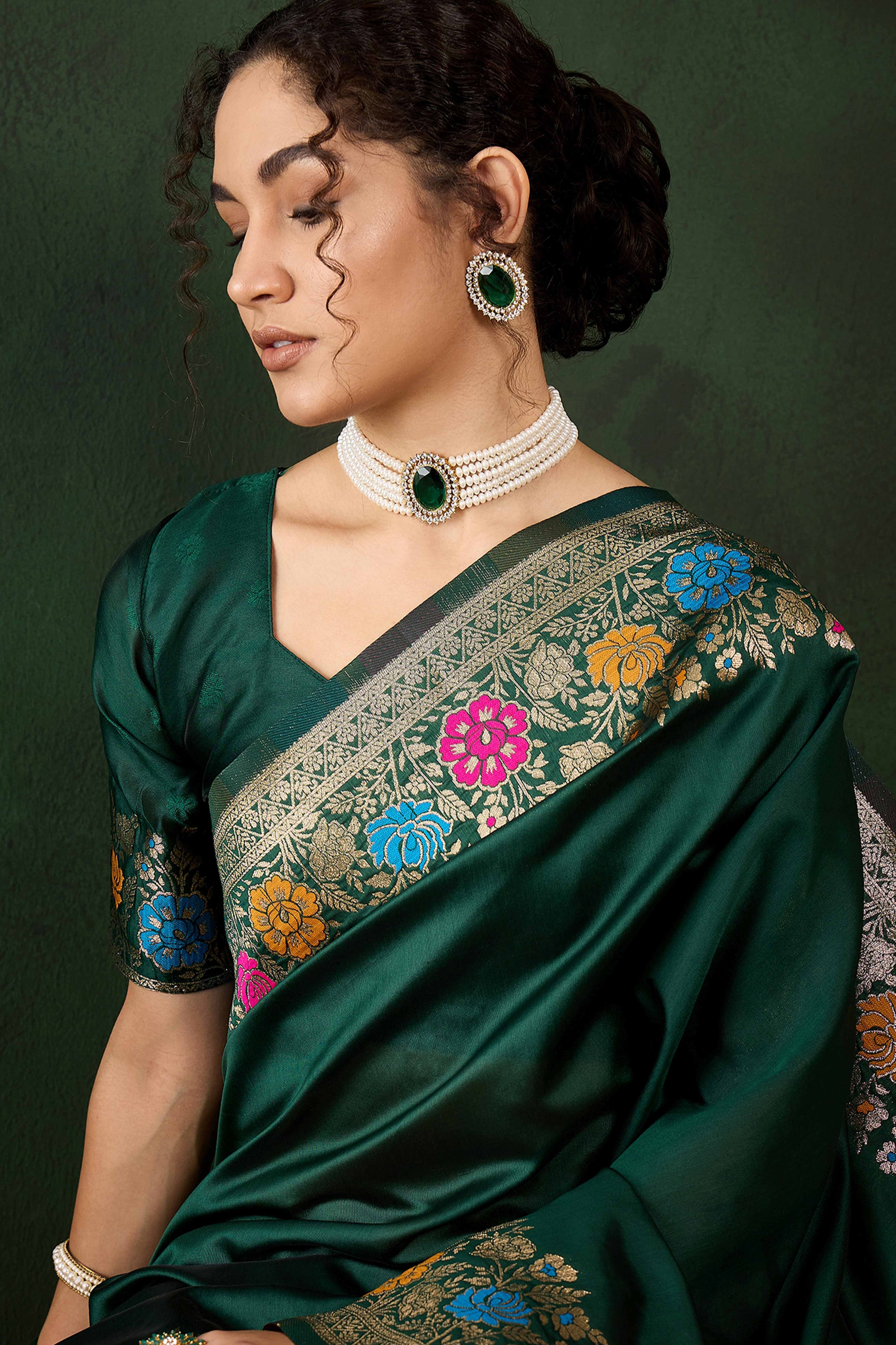 Green Saree In Poly Silk Blend Featuring Floral Zari Weaving & Tassel Accents