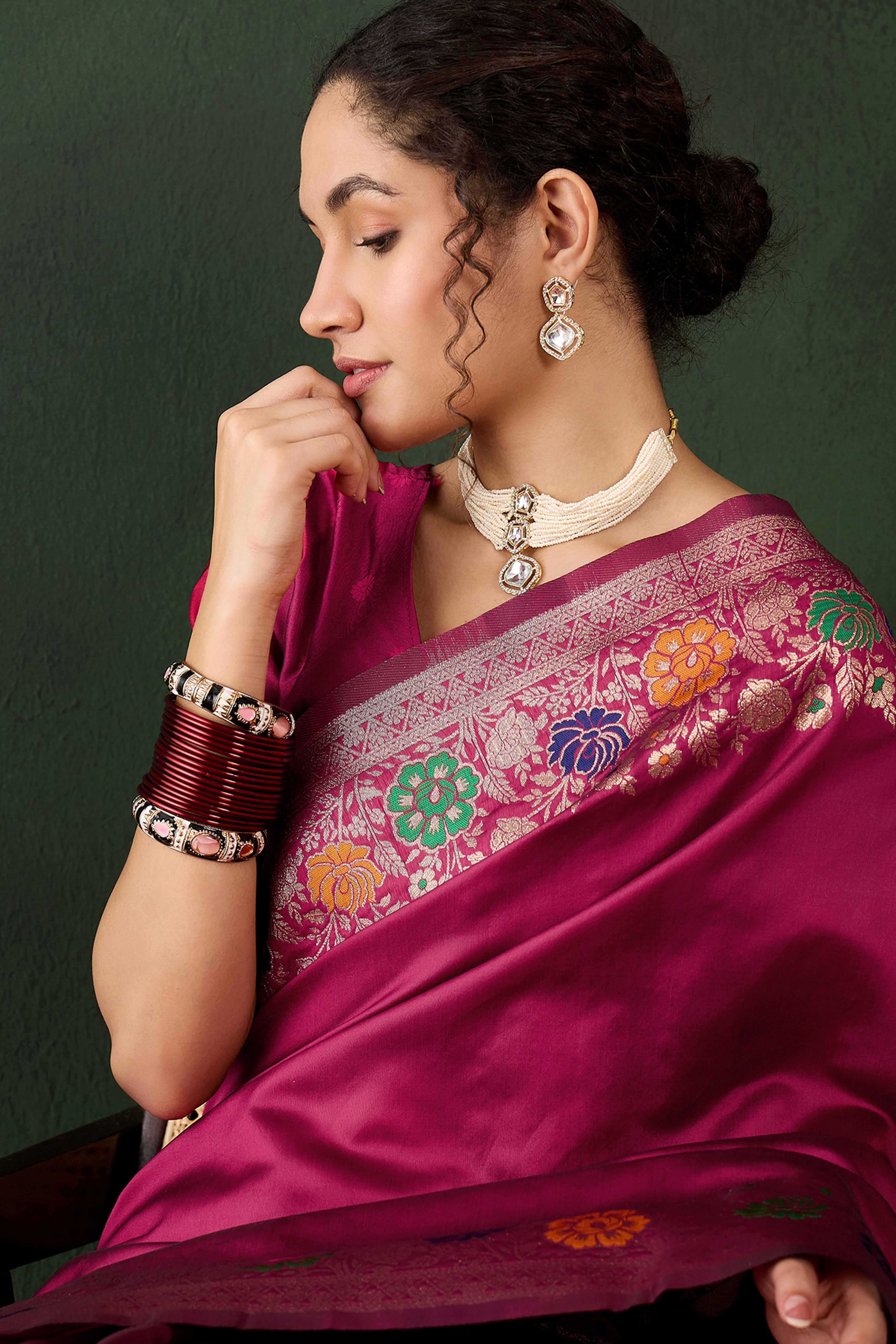 Pink Saree In Poly Silk Blend Featuring Floral Zari Weaving & Tassel Accents