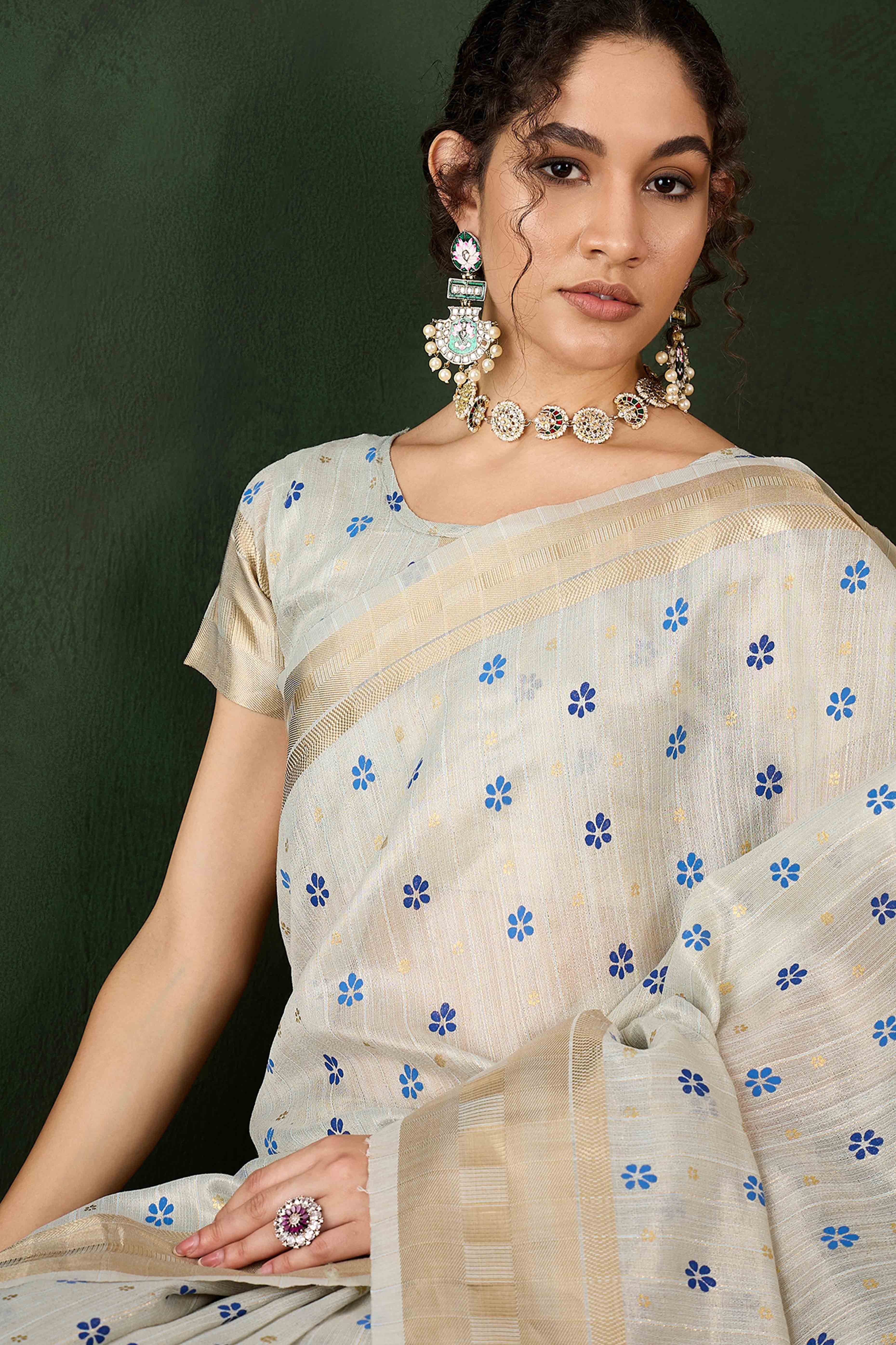 Blue Saree In Khadi Organza Featuring Floral Prints & Intricate Weaving
