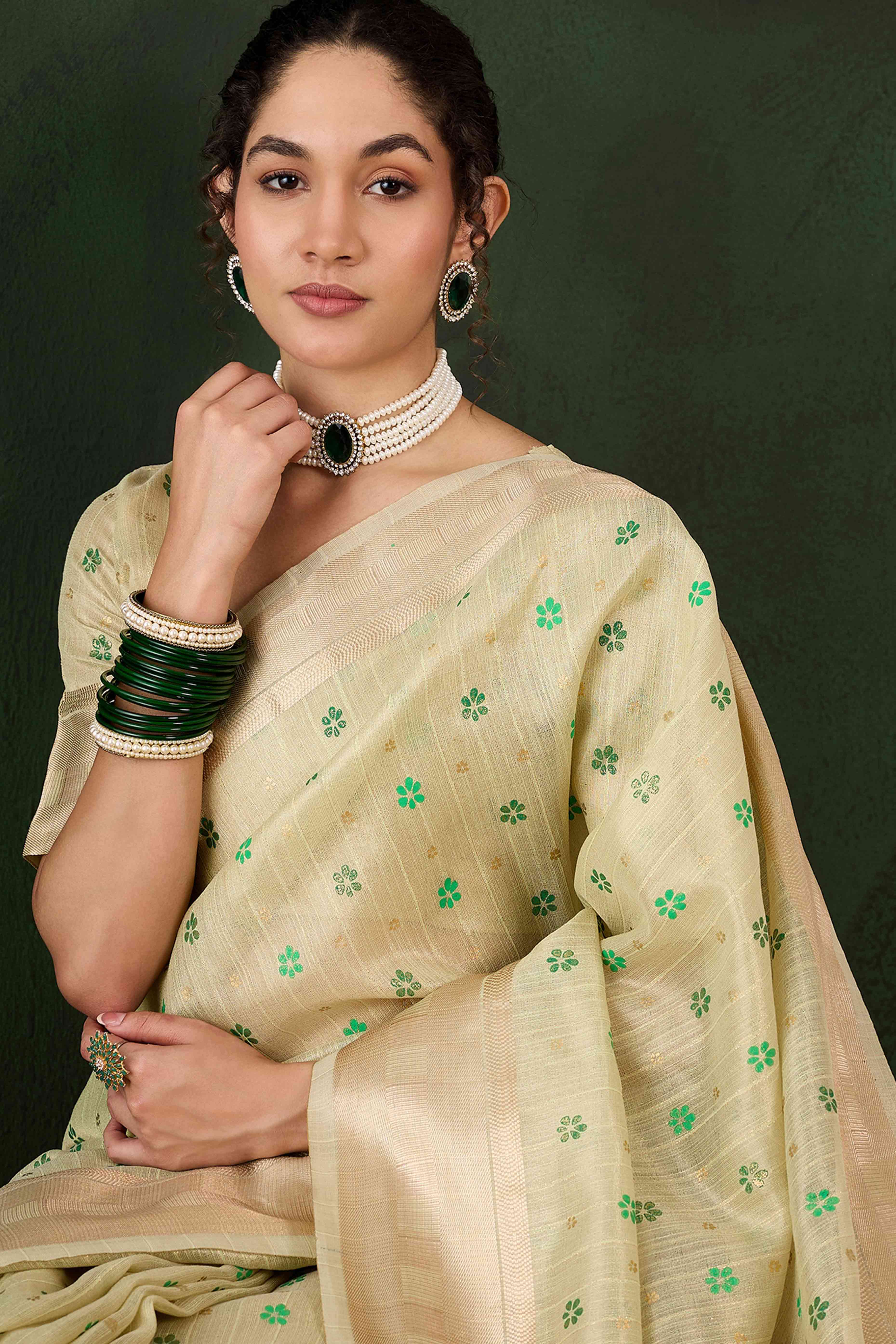 Green Saree In Khadi Organza Featuring Floral Prints & Intricate Weaving