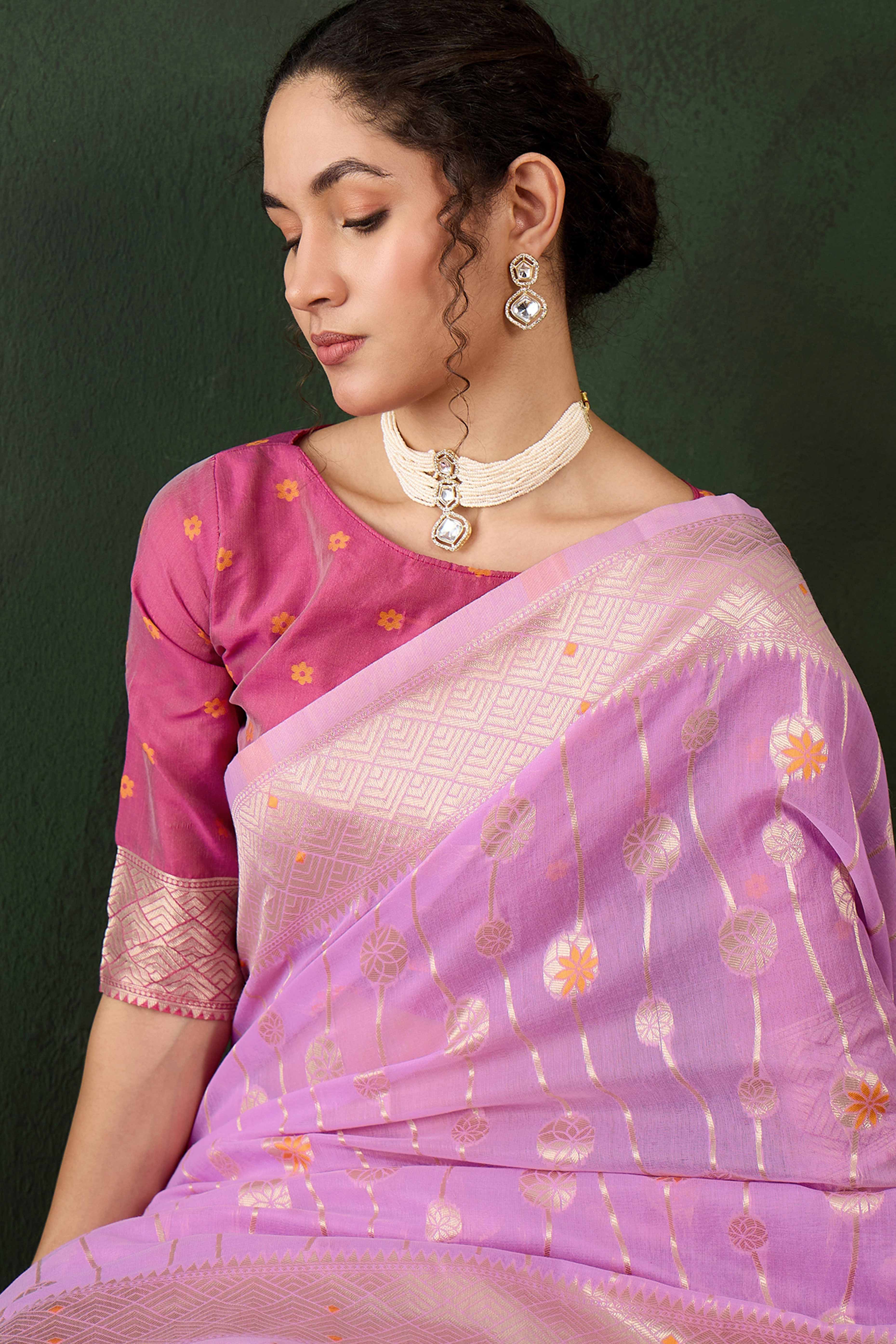 Lavender Cotton Blend Saree Adorned With Intricate Floral Zari Weaving & A Stylish Tassel Pallu