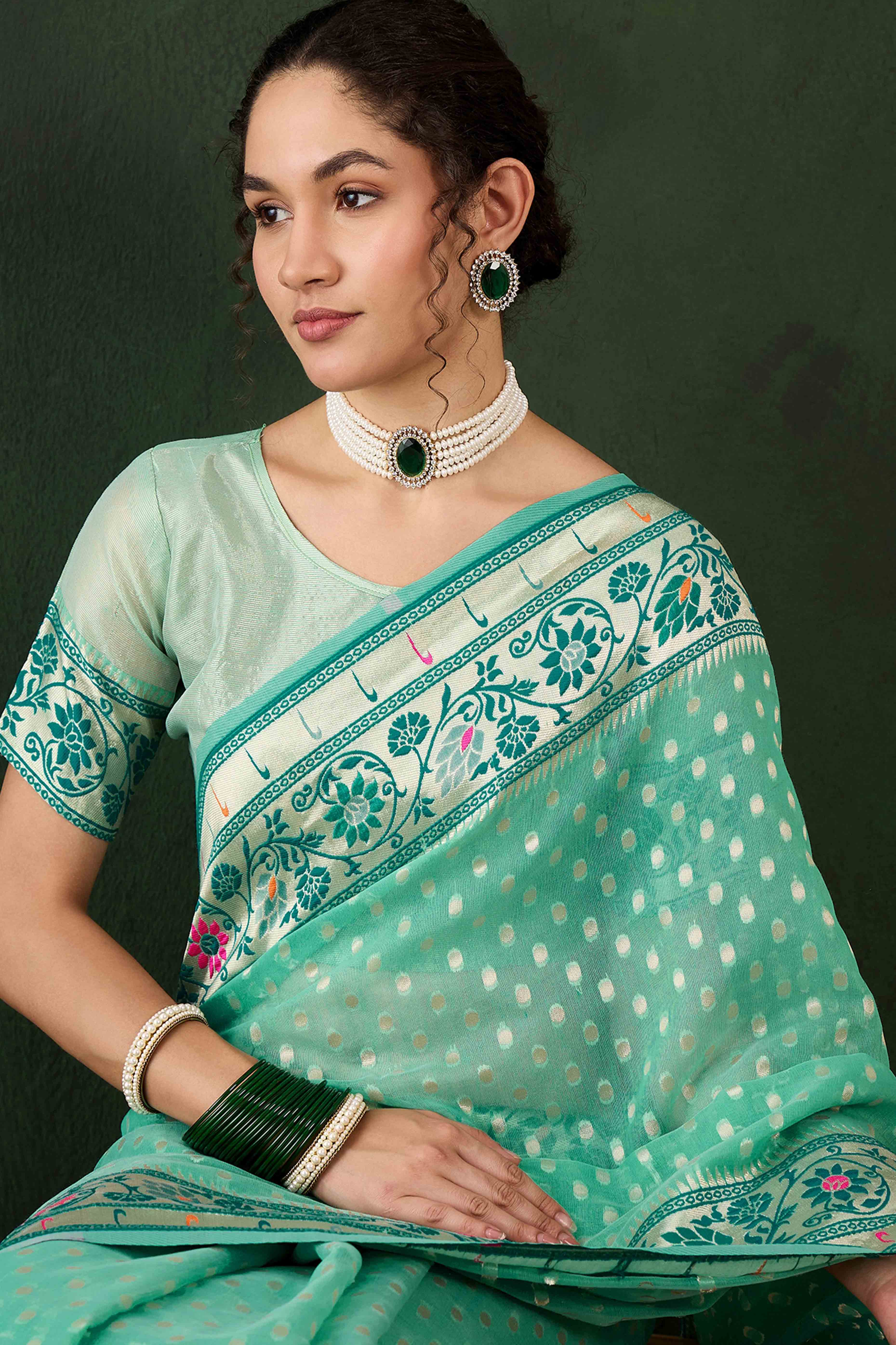 Sea Green Floral Zari Weaving On Orange Poly Cotton Saree With Tasselled Borders