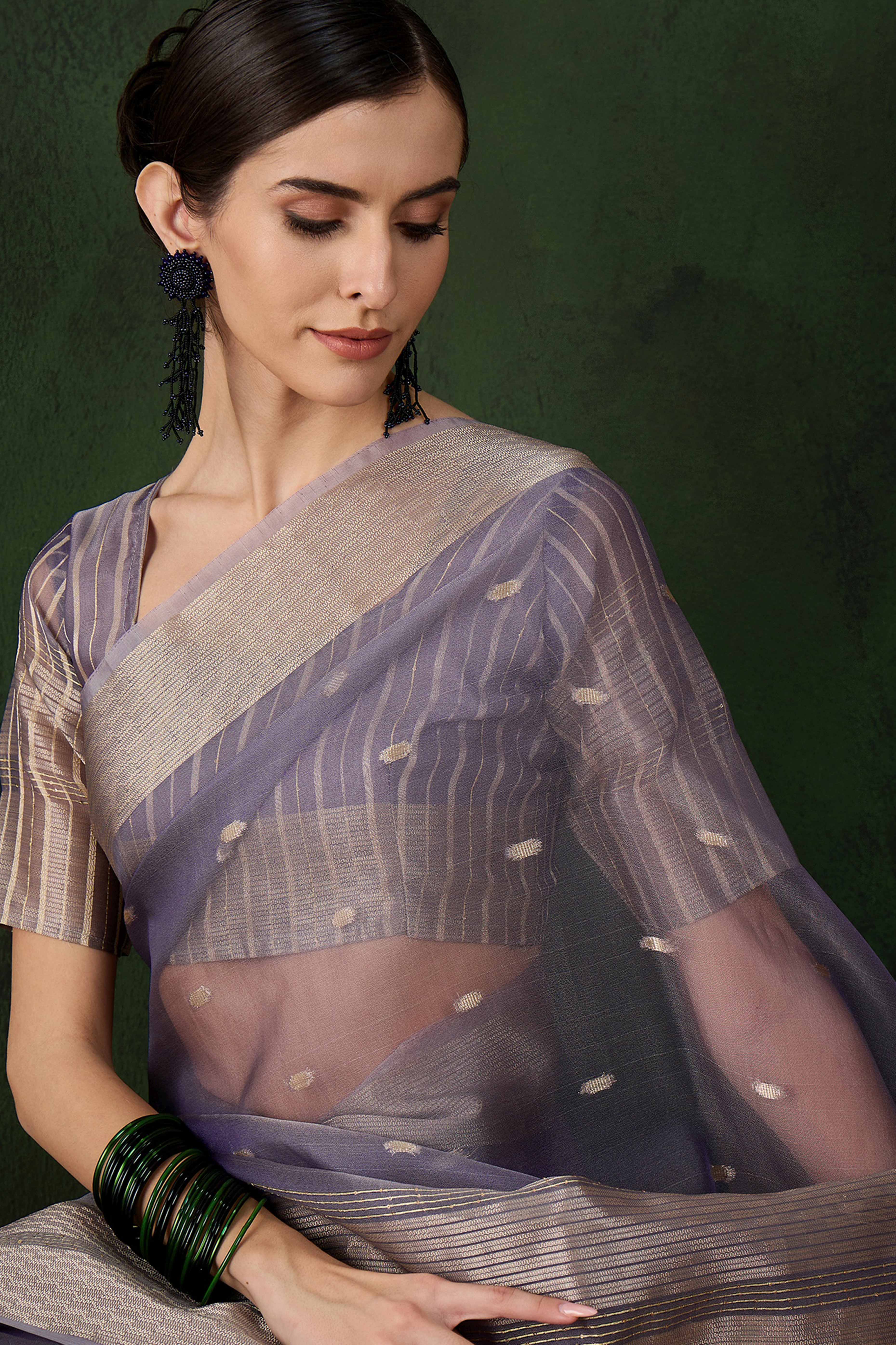 Lavender Woven Khadi Organza Saree Embellished With Shimmering Sequins Work